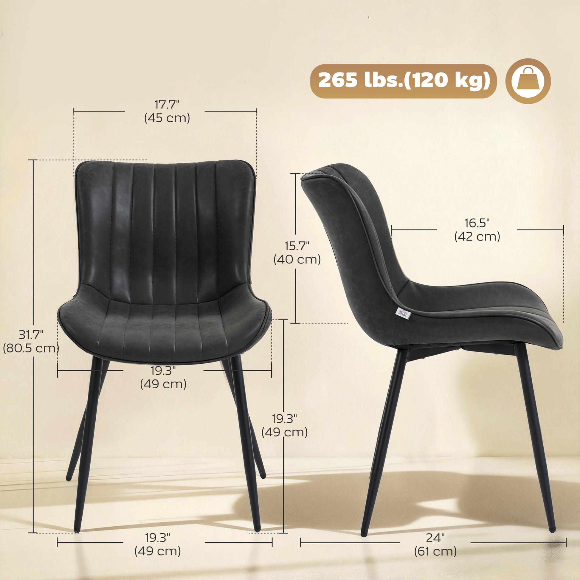 Dining Chairs Set of 2, PU Leather Upholstered Kitchen Chairs with Backrest and Steel Legs, Black-Home Furnishings > Kitchen & Dining Furniture > Dining Chairs-DECOROLALA