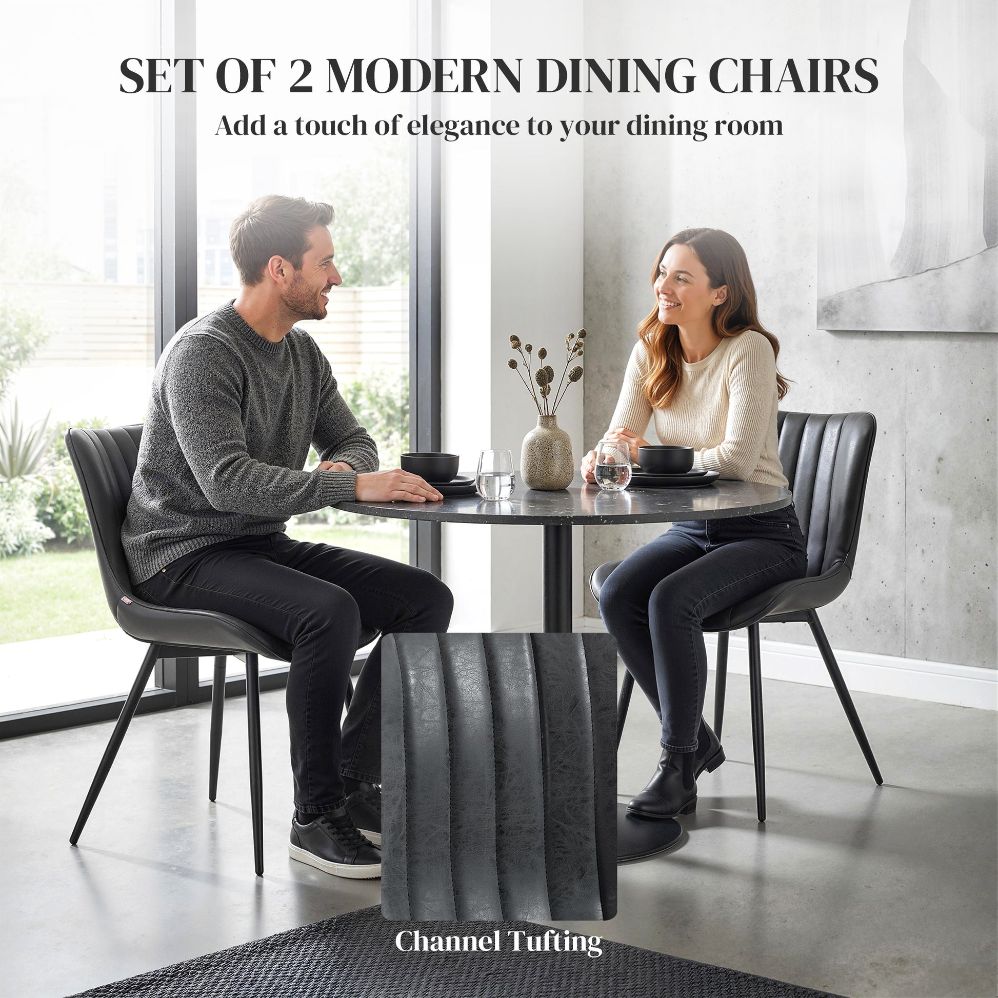 Dining Chairs Set of 2, PU Leather Upholstered Kitchen Chairs with Backrest and Steel Legs, Black-Home Furnishings > Kitchen & Dining Furniture > Dining Chairs-DECOROLALA