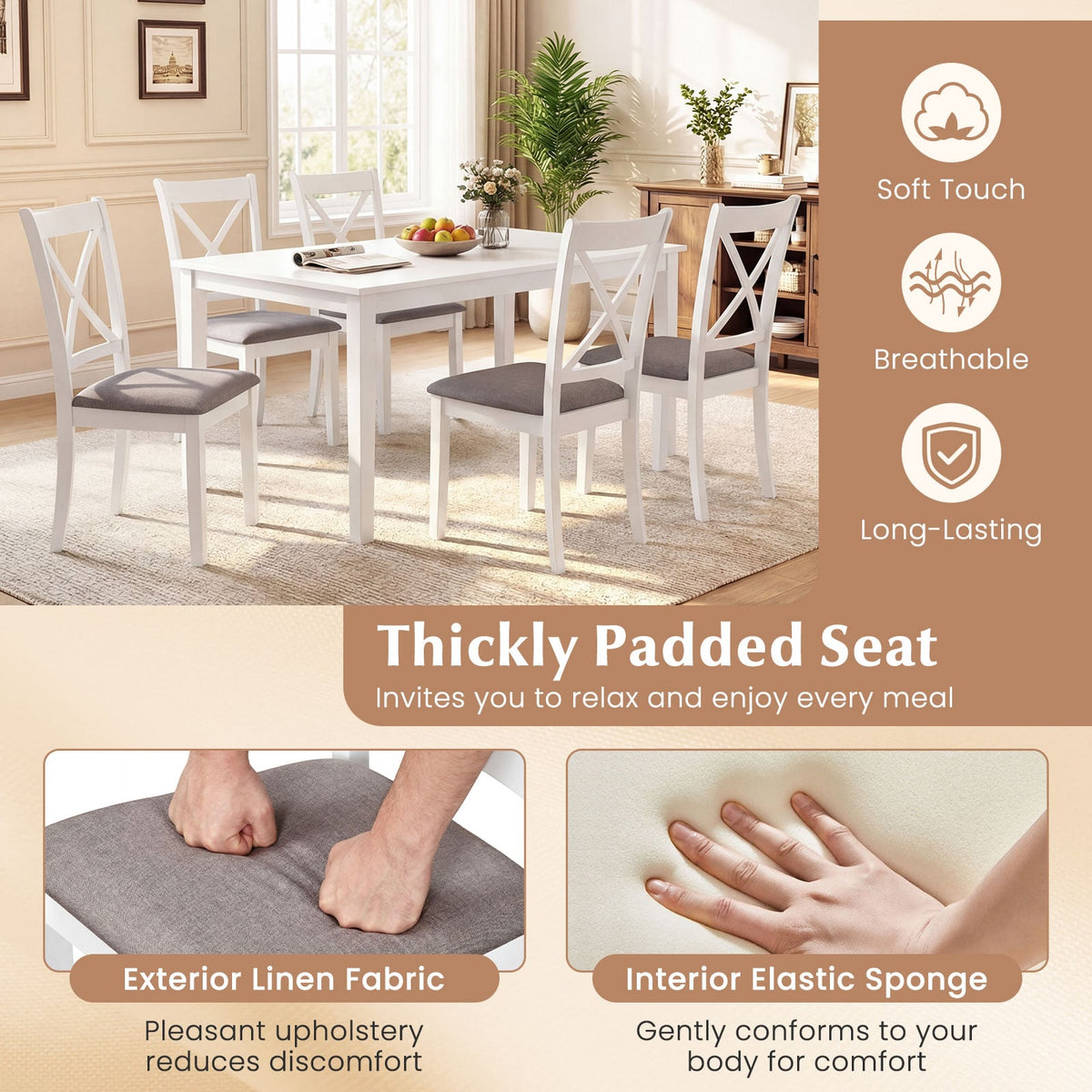 Dining Chairs Set of 2 Rubber Wood Dining Room Chairs with Comfortable Backrest and Padded Seat-White-Dining Chairs-DECOROLALA