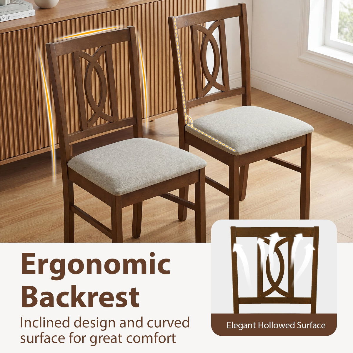 Dining Chairs Set of 2 Rubber Wood Dining Room Chairs with Hollowed Backrest-Walnut-Dining Chairs-DECOROLALA