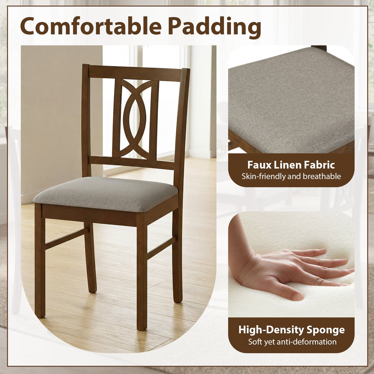 Dining Chairs Set of 2 Rubber Wood Dining Room Chairs with Hollowed Backrest-Walnut-Dining Chairs-DECOROLALA