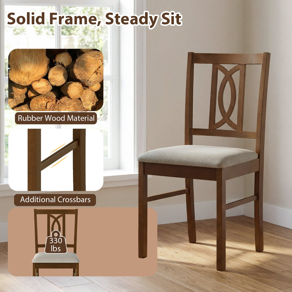 Dining Chairs Set of 2 Rubber Wood Dining Room Chairs with Hollowed Backrest-Walnut-Dining Chairs-DECOROLALA