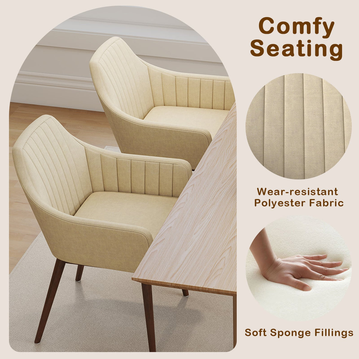 Dining Chairs Set of 2 Upholstered Accent Chairs with Comfy Padded Backrest and Seat-Beige-Dining Chairs-DECOROLALA