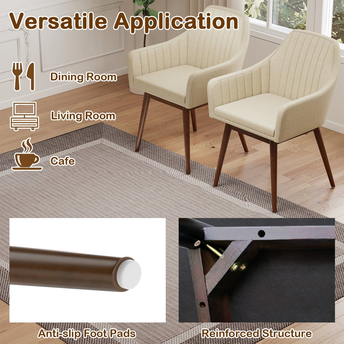 Dining Chairs Set of 2 Upholstered Accent Chairs with Comfy Padded Backrest and Seat-Beige-Dining Chairs-DECOROLALA