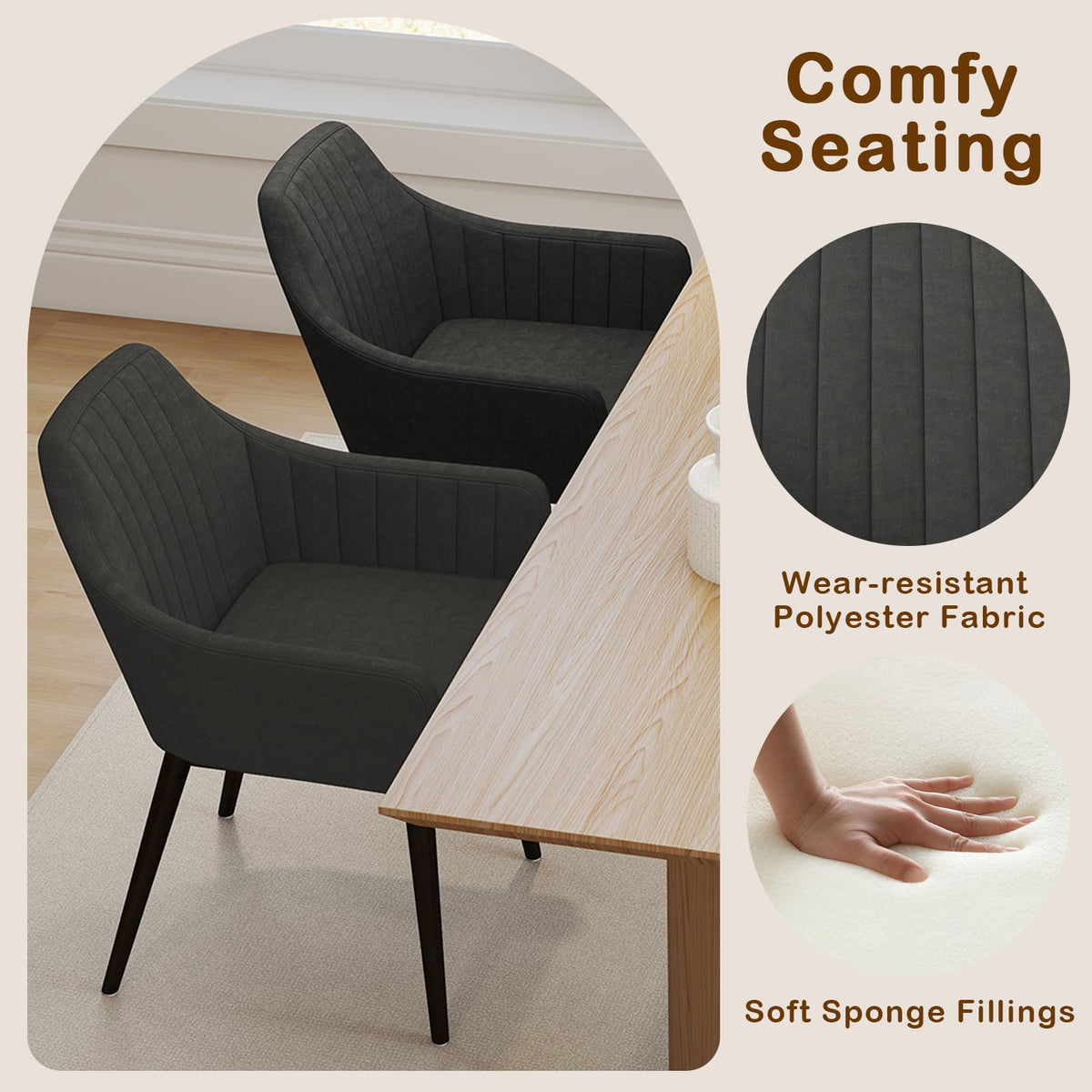 Dining Chairs Set of 2 Upholstered Accent Chairs with Comfy Padded Backrest and Seat-Black-Dining Chairs-DECOROLALA