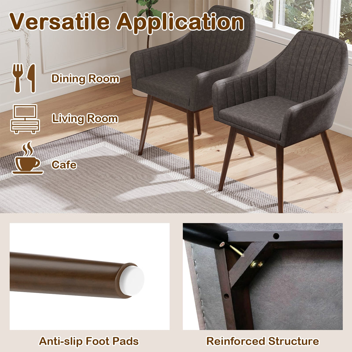 Dining Chairs Set of 2 Upholstered Accent Chairs with Comfy Padded Backrest and Seat-Gray-Dining Chairs-DECOROLALA