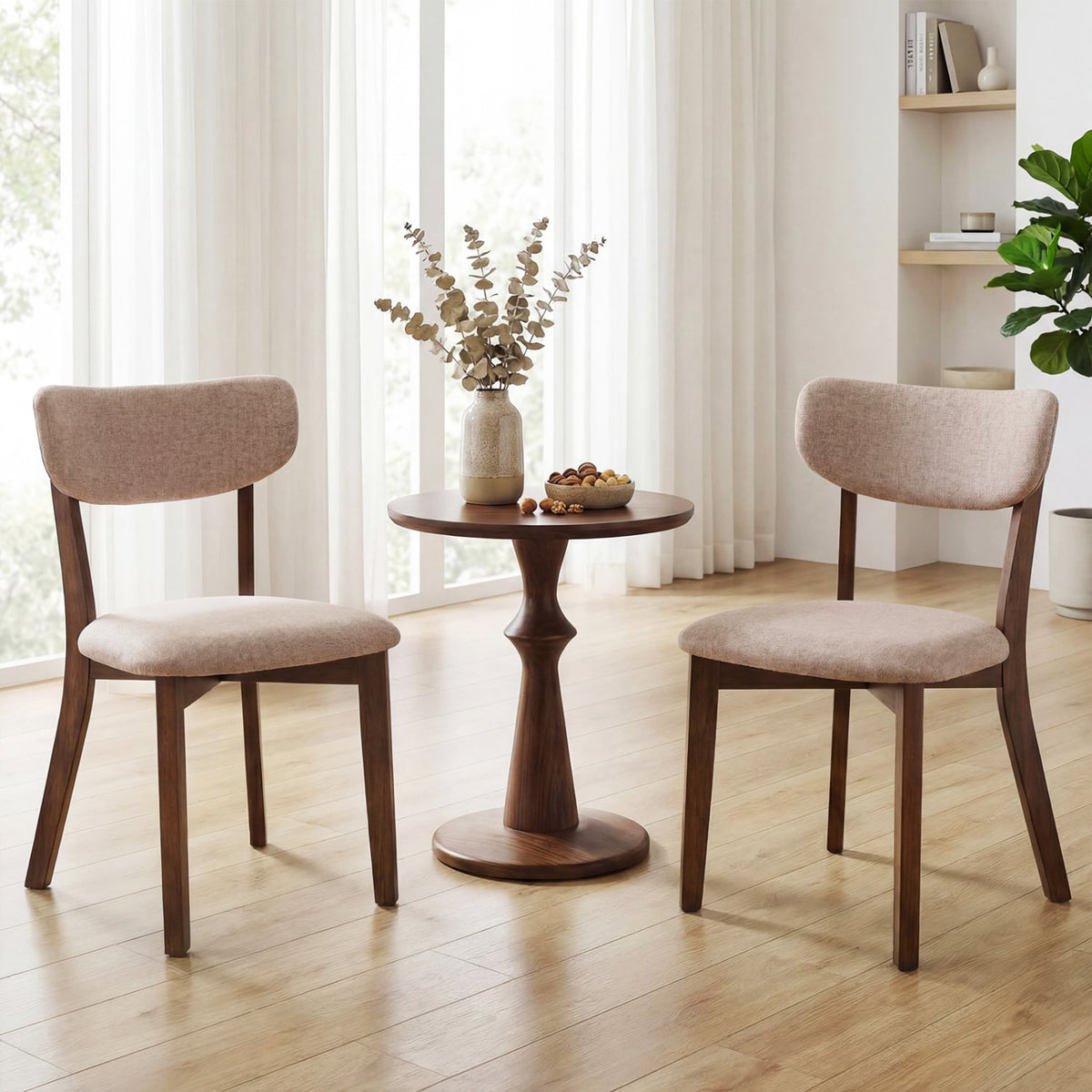 Dining Chairs Set of 2 Upholstered Mid-Back Chairs with Solid Rubber Wood Frame-Beige-Dining Chairs-DECOROLALA
