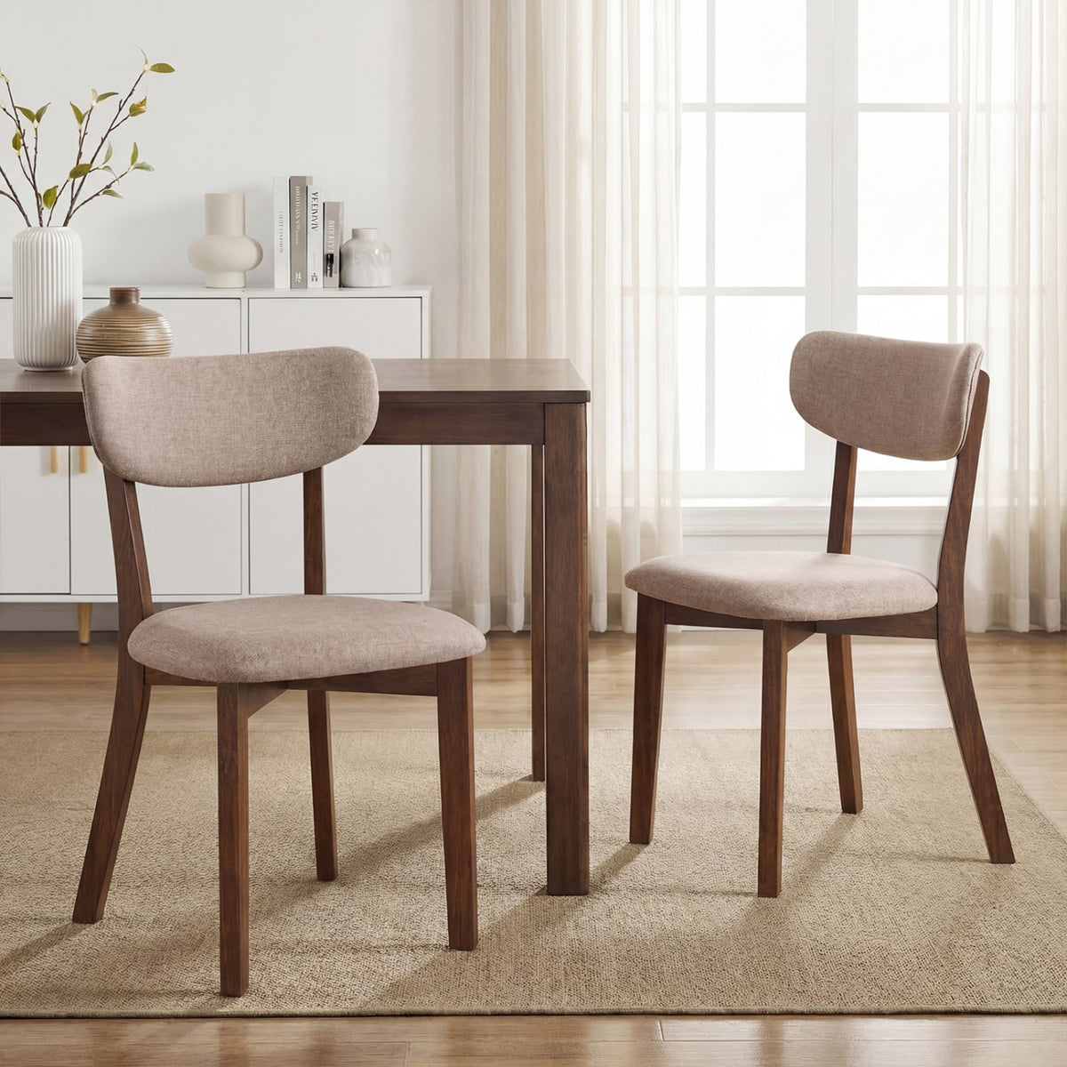 Dining Chairs Set of 2 Upholstered Mid-Back Chairs with Solid Rubber Wood Frame-Beige-Dining Chairs-DECOROLALA