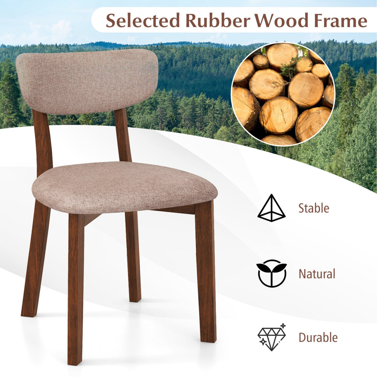 Dining Chairs Set of 2 Upholstered Mid-Back Chairs with Solid Rubber Wood Frame-Beige-Dining Chairs-DECOROLALA