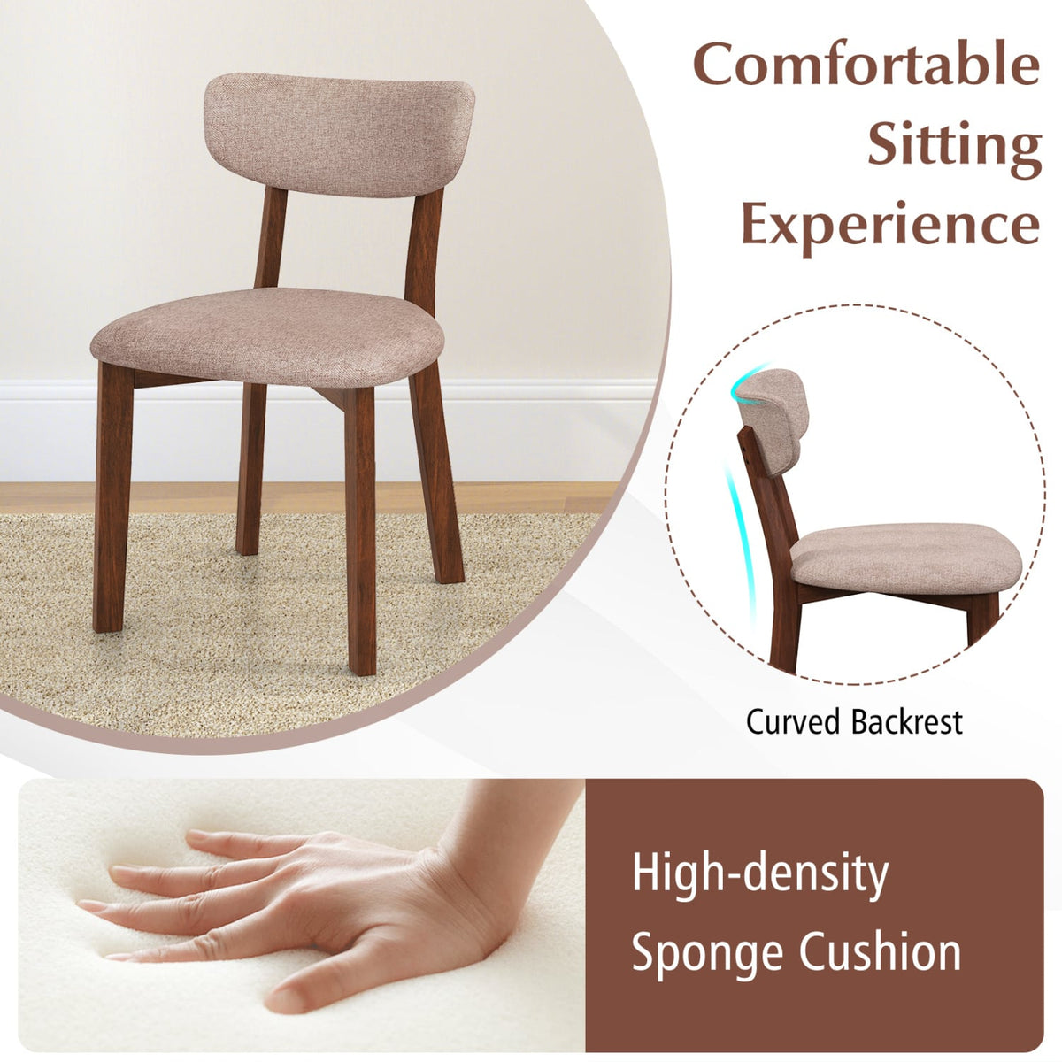 Dining Chairs Set of 2 Upholstered Mid-Back Chairs with Solid Rubber Wood Frame-Beige-Dining Chairs-DECOROLALA