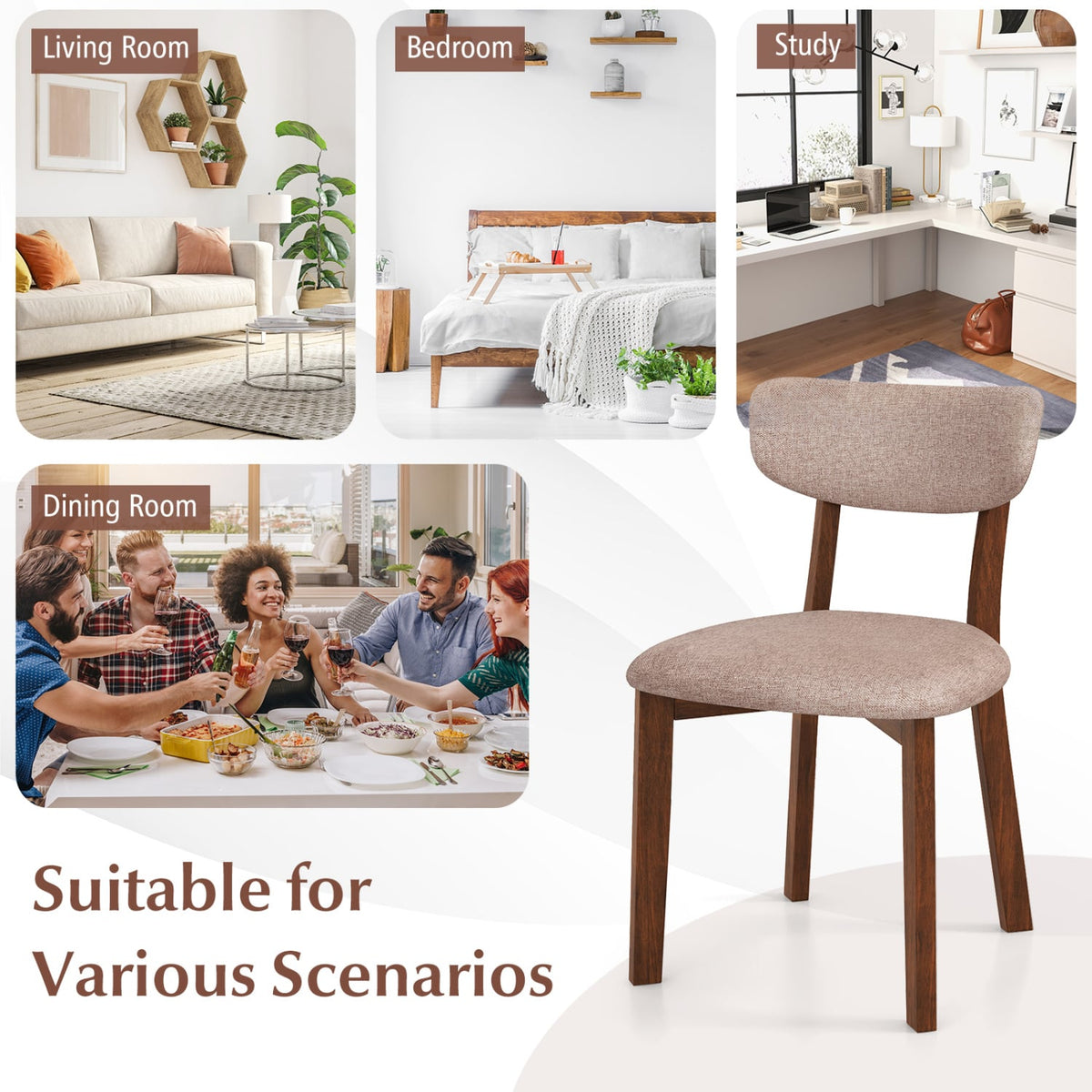 Dining Chairs Set of 2 Upholstered Mid-Back Chairs with Solid Rubber Wood Frame-Beige-Dining Chairs-DECOROLALA