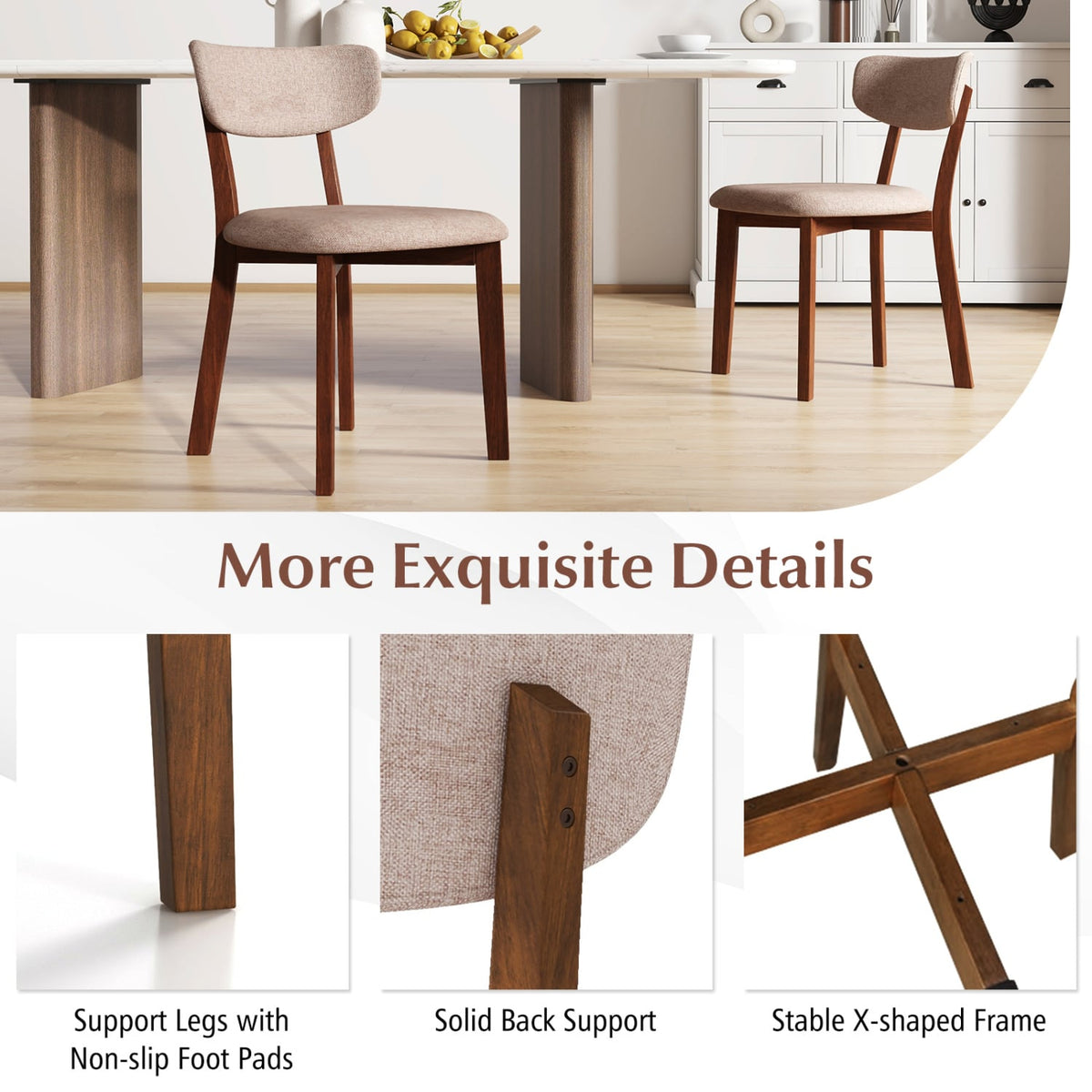 Dining Chairs Set of 2 Upholstered Mid-Back Chairs with Solid Rubber Wood Frame-Beige-Dining Chairs-DECOROLALA