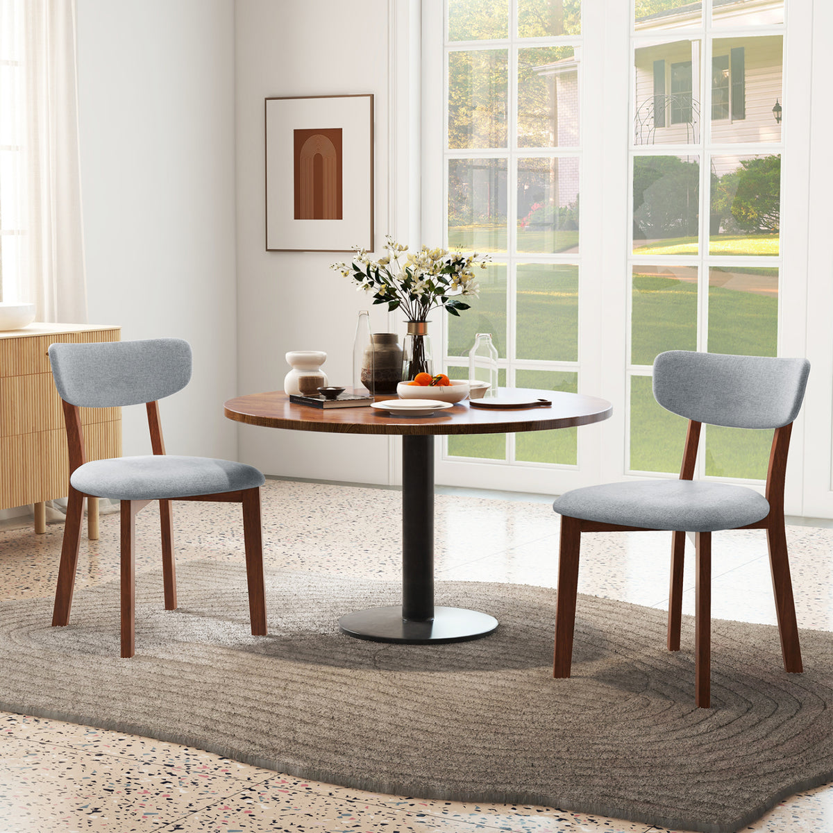 Dining Chairs Set of 2 Upholstered Mid-Back Chairs with Solid Rubber Wood Frame-Gray-Dining Chairs-DECOROLALA