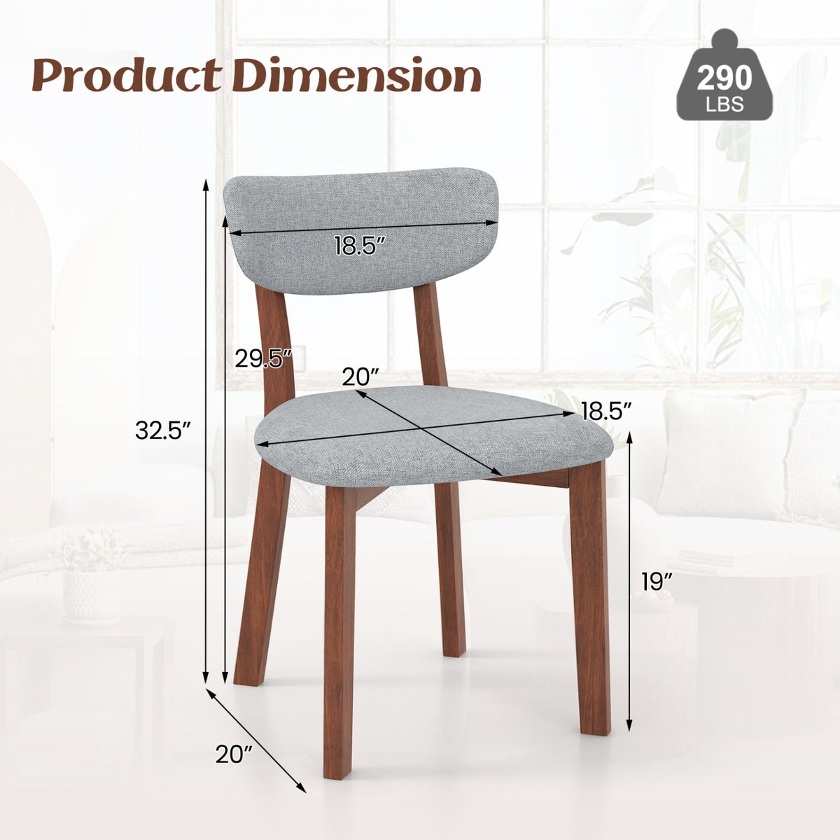 Dining Chairs Set of 2 Upholstered Mid-Back Chairs with Solid Rubber Wood Frame-Gray-Dining Chairs-DECOROLALA