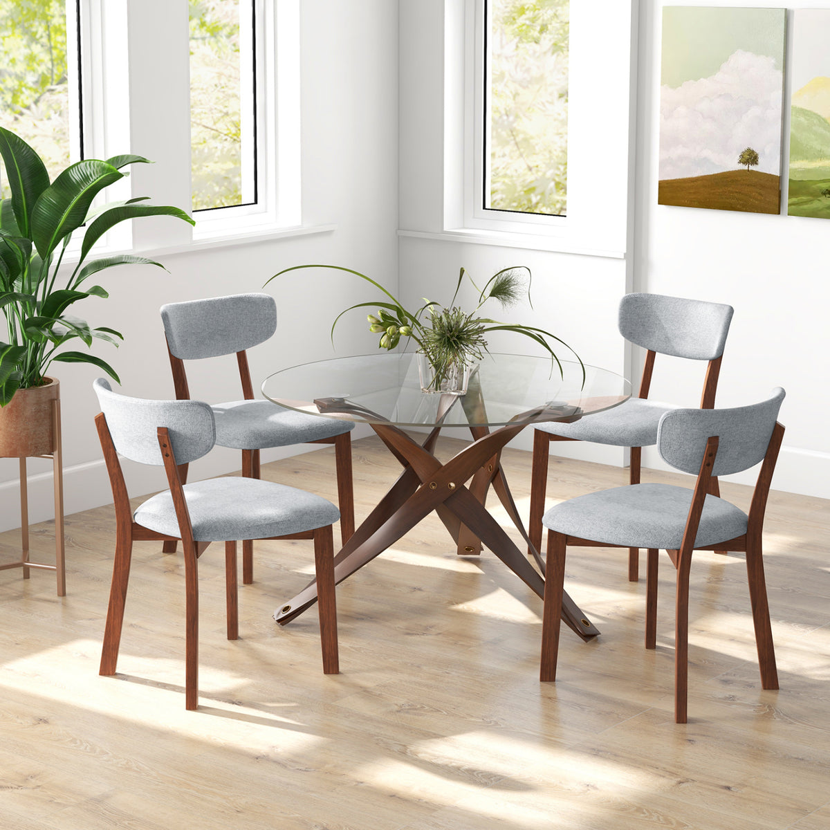 Dining Chairs Set of 2 Upholstered Mid-Back Chairs with Solid Rubber Wood Frame-Gray-Dining Chairs-DECOROLALA