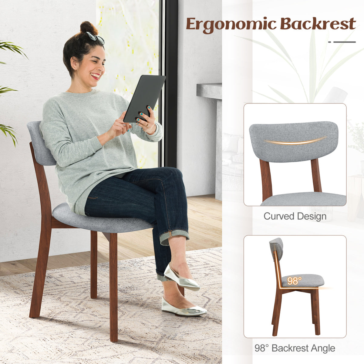 Dining Chairs Set of 2 Upholstered Mid-Back Chairs with Solid Rubber Wood Frame-Gray-Dining Chairs-DECOROLALA