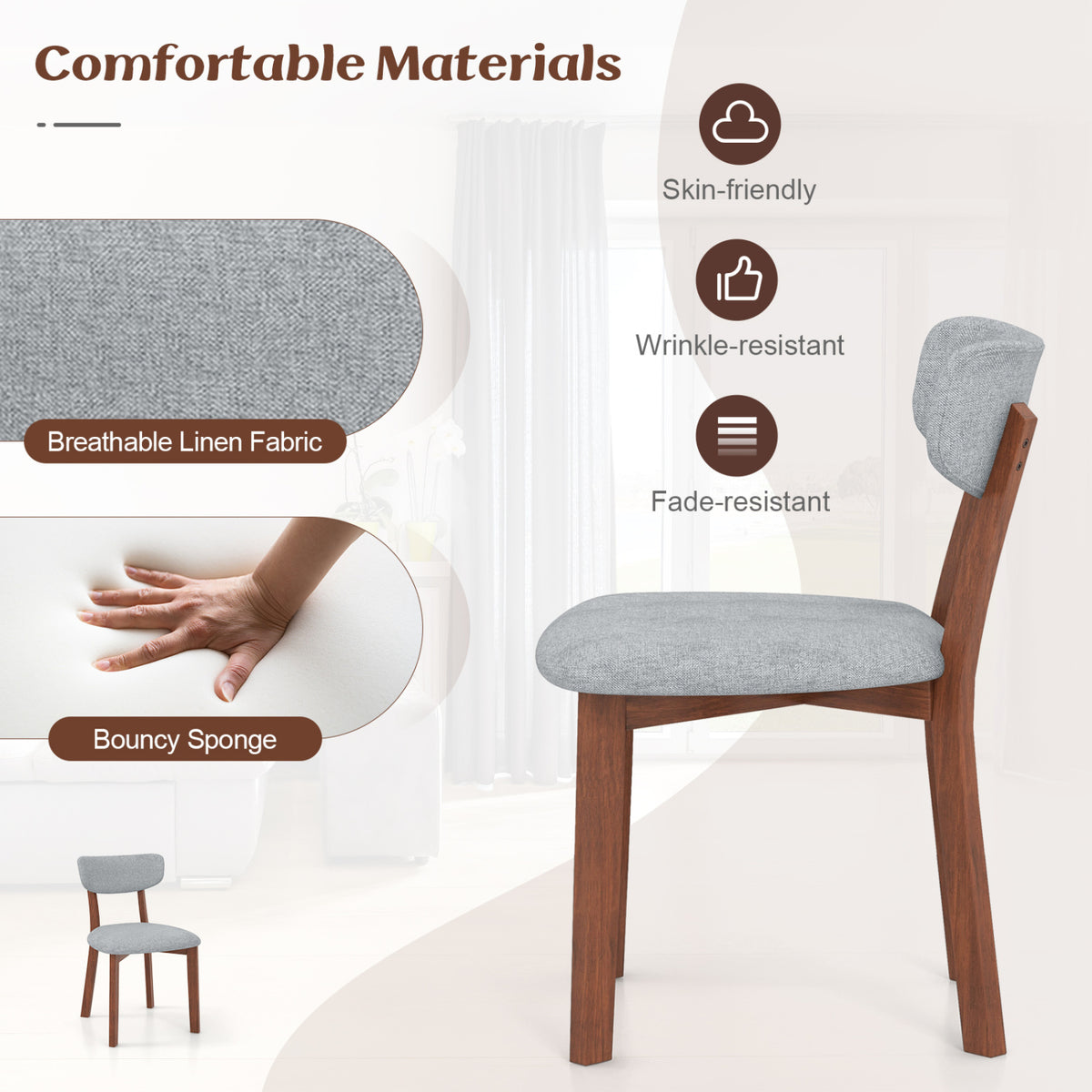 Dining Chairs Set of 2 Upholstered Mid-Back Chairs with Solid Rubber Wood Frame-Gray-Dining Chairs-DECOROLALA