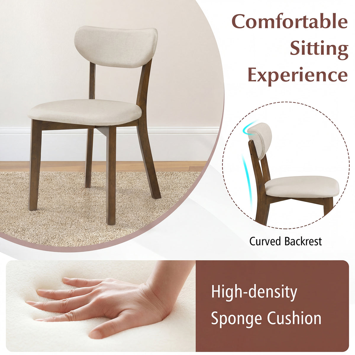 Dining Chairs Set of 2 Upholstered Mid-Back Chairs with Solid Rubber Wood Frame-White-Dining Chairs-DECOROLALA