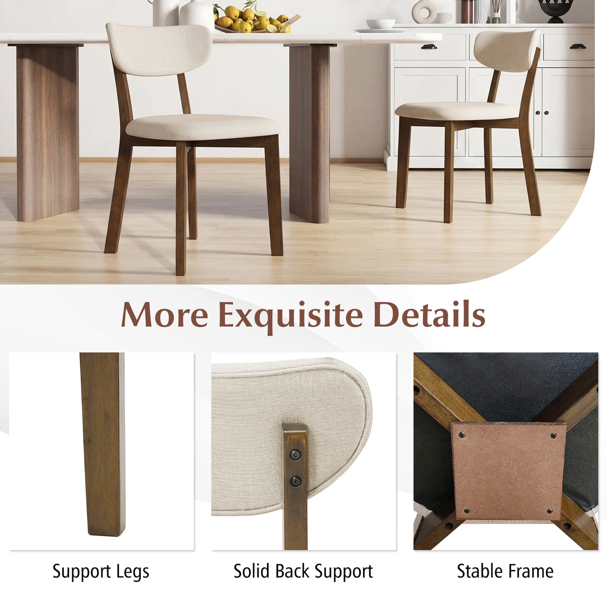 Dining Chairs Set of 2 Upholstered Mid-Back Chairs with Solid Rubber Wood Frame-White-Dining Chairs-DECOROLALA