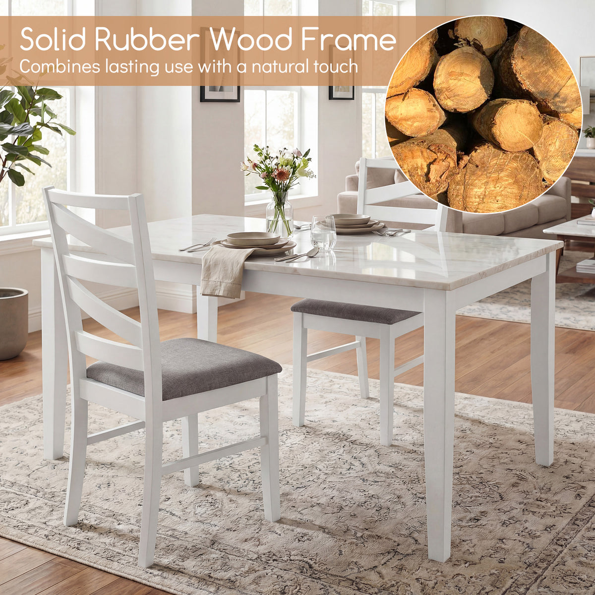Dining Chairs Set of 2 with Backrests and Rubber Wood Frames-White-Dining Chairs-DECOROLALA