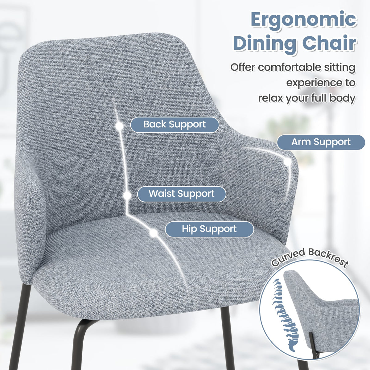 Dining Chairs Set of 2 with Curved Backrest Wide Seat and Armrests-Gray-Dining Chairs-DECOROLALA