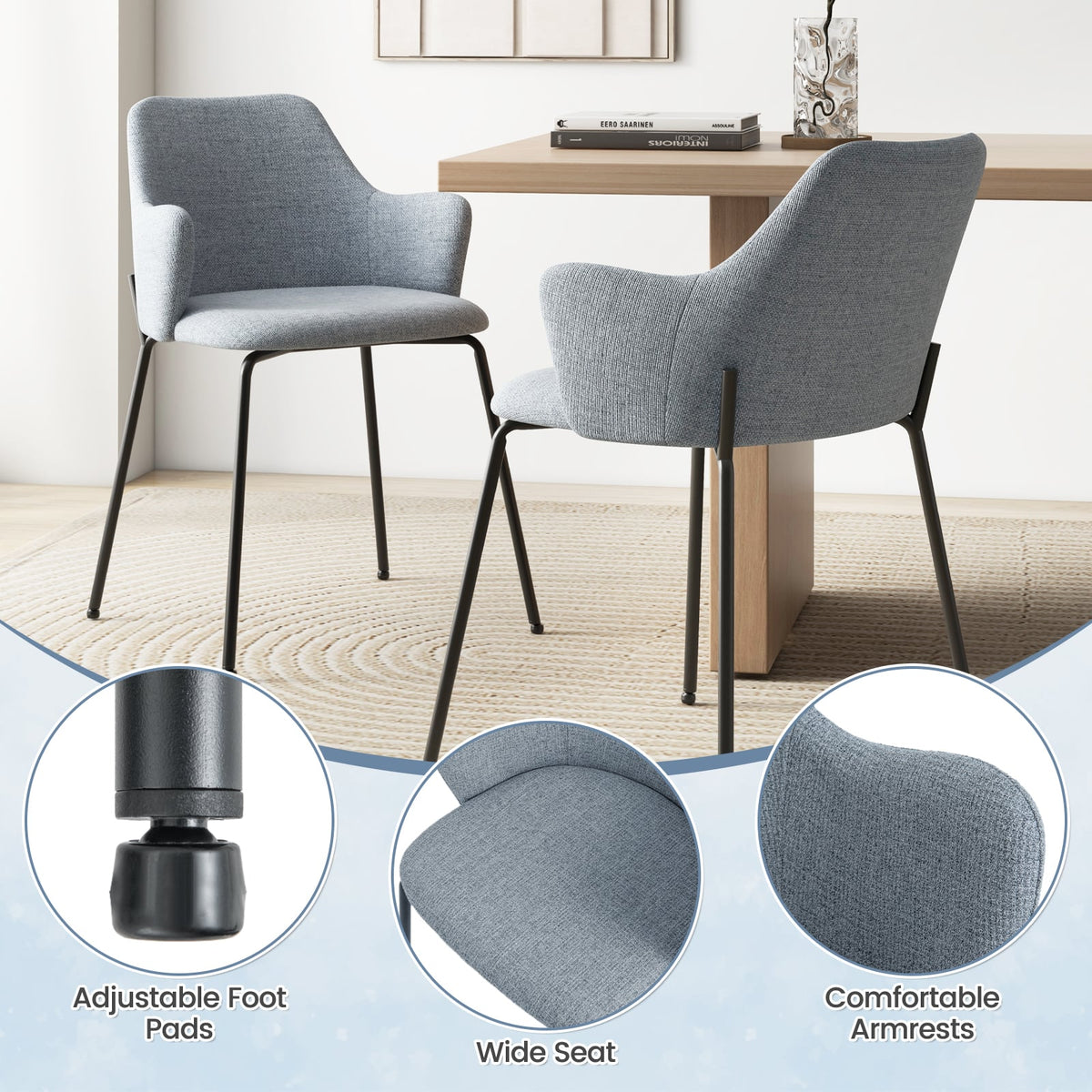 Dining Chairs Set of 2 with Curved Backrest Wide Seat and Armrests-Gray-Dining Chairs-DECOROLALA