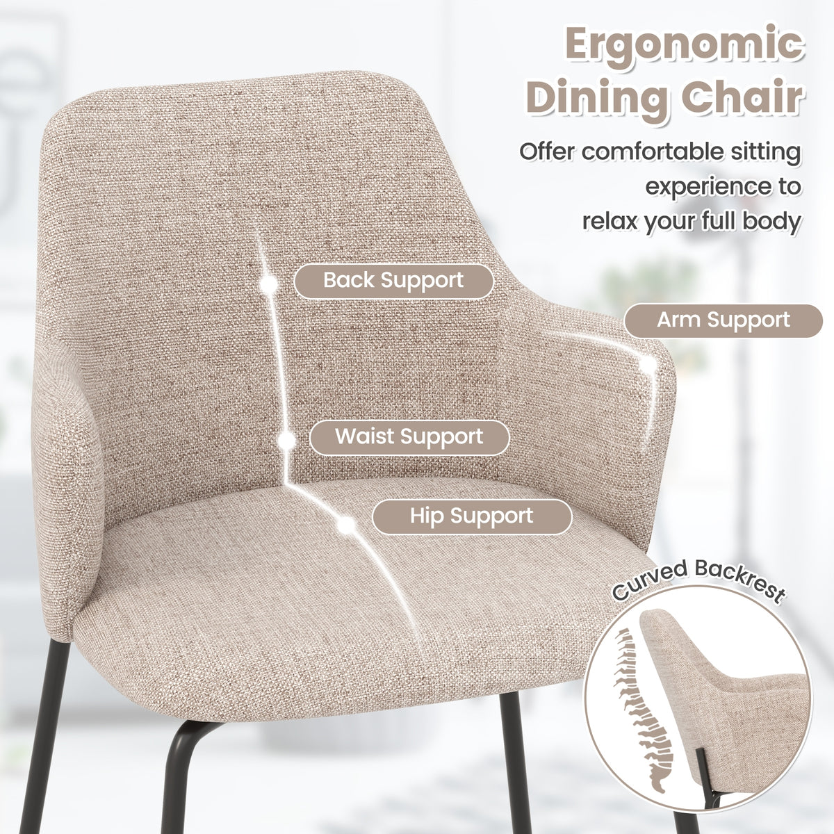 Dining Chairs Set of 2 with Curved Backrest Wide Seat and Armrests-White-Dining Chairs-DECOROLALA