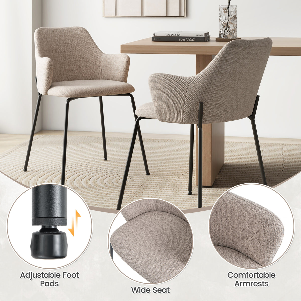 Dining Chairs Set of 2 with Curved Backrest Wide Seat and Armrests-White-Dining Chairs-DECOROLALA