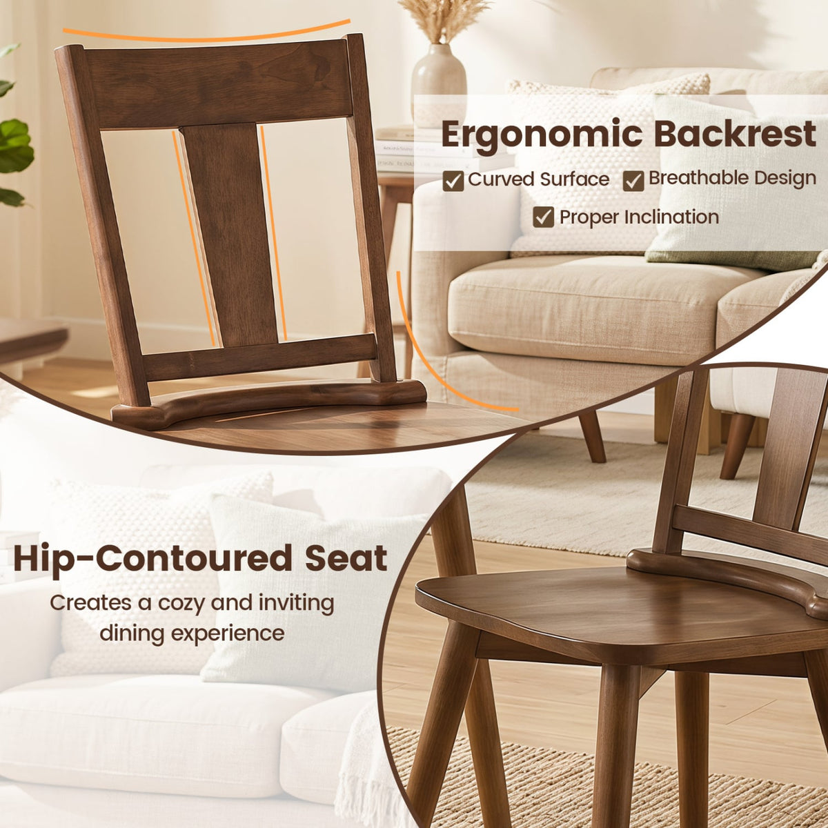 Dining Chairs Set of 2 with Solid Wood Backrest for Kitchen Dining Room-Walnut-Dining Chairs-DECOROLALA