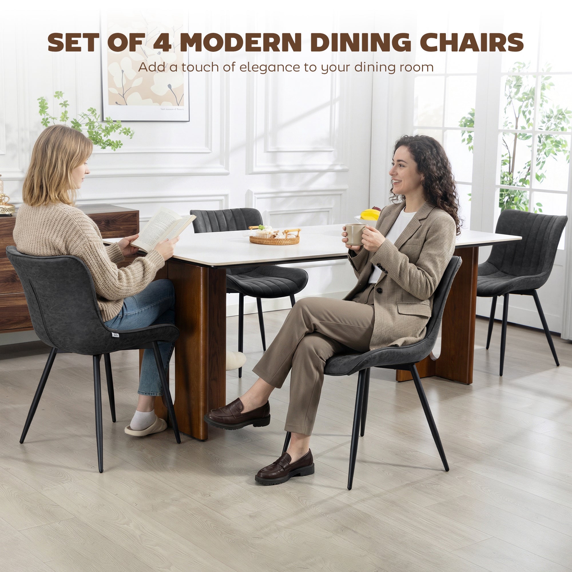Dining Chairs Set of 4 - Black PU Leather-DECOROLALA