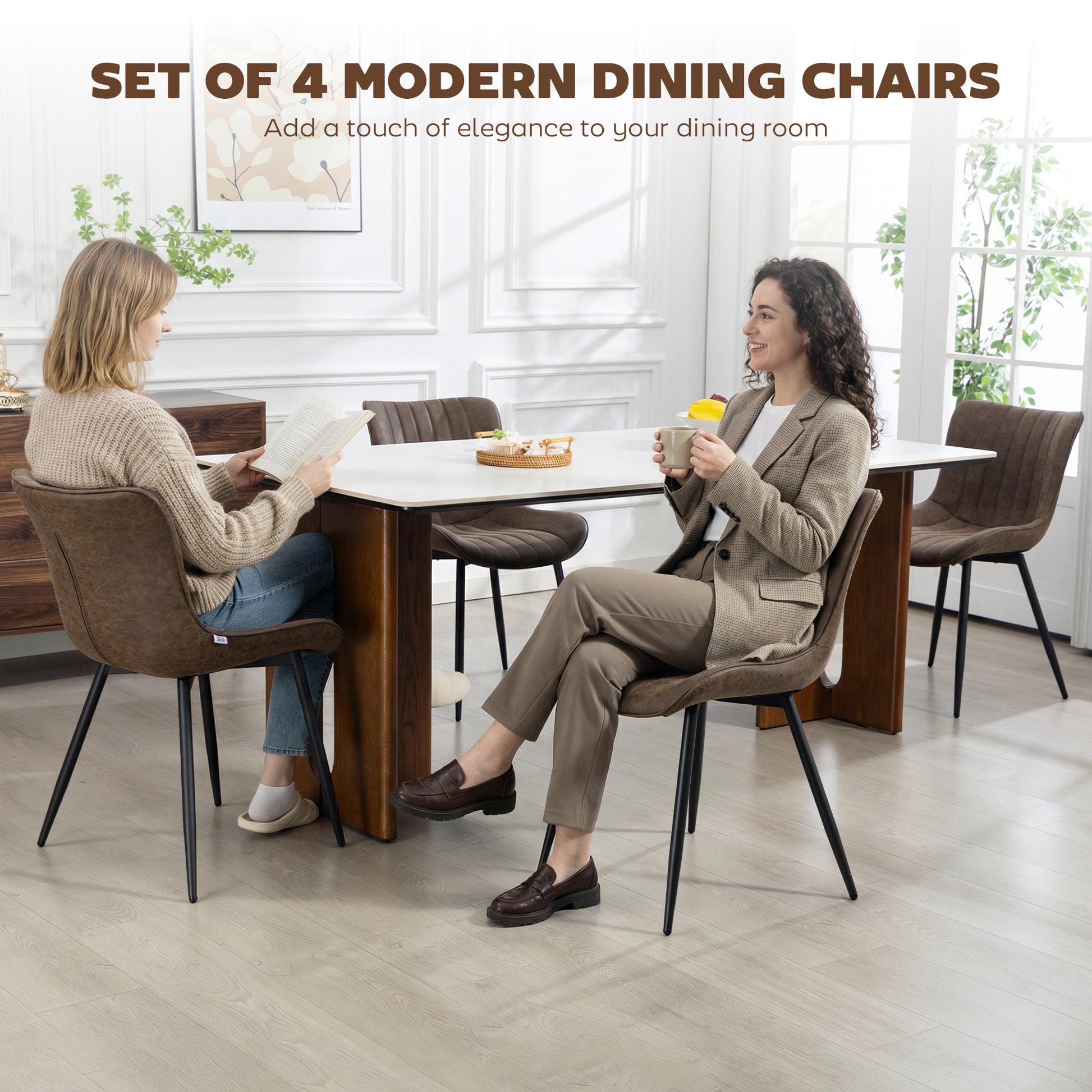 Dining Chairs Set of 4 - Brown PU Leather-DECOROLALA