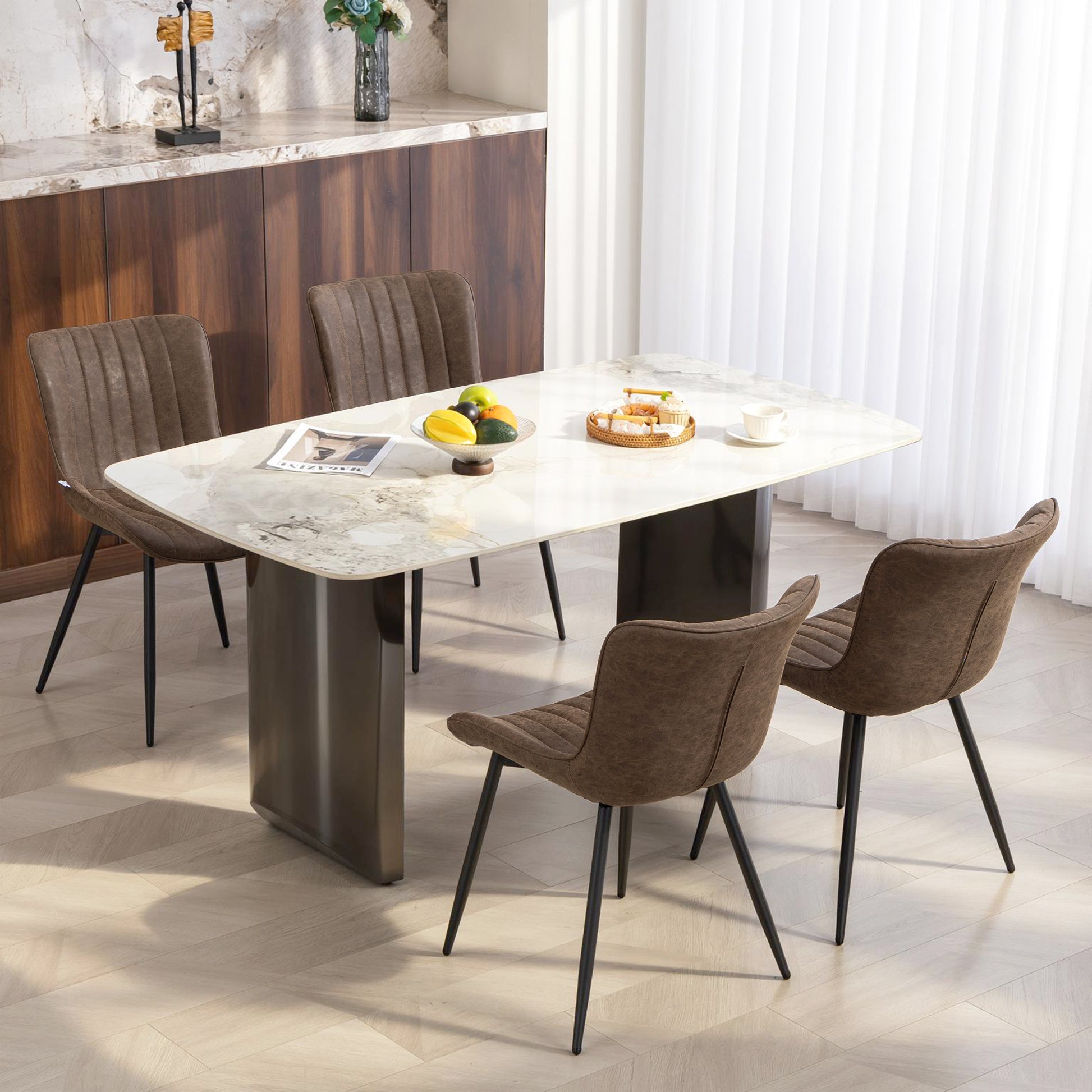 Dining Chairs Set of 4 - Brown PU Leather-DECOROLALA