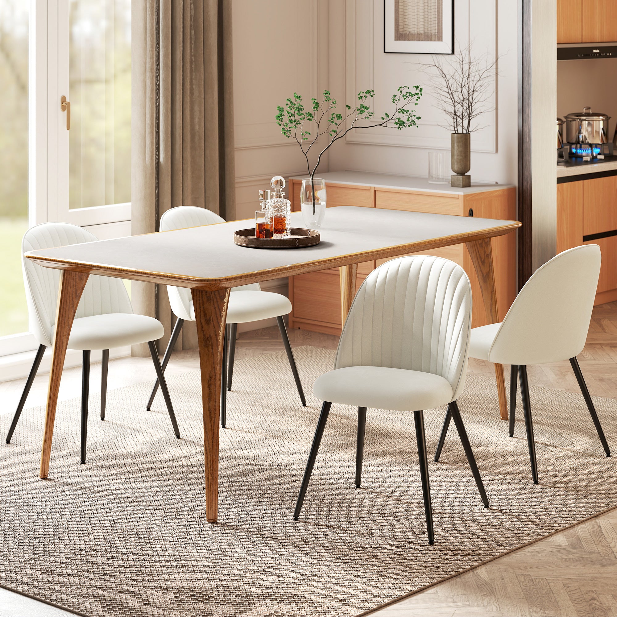 Dining Chairs Set of 4 - Cream Velvet Steel Legs-DECOROLALA