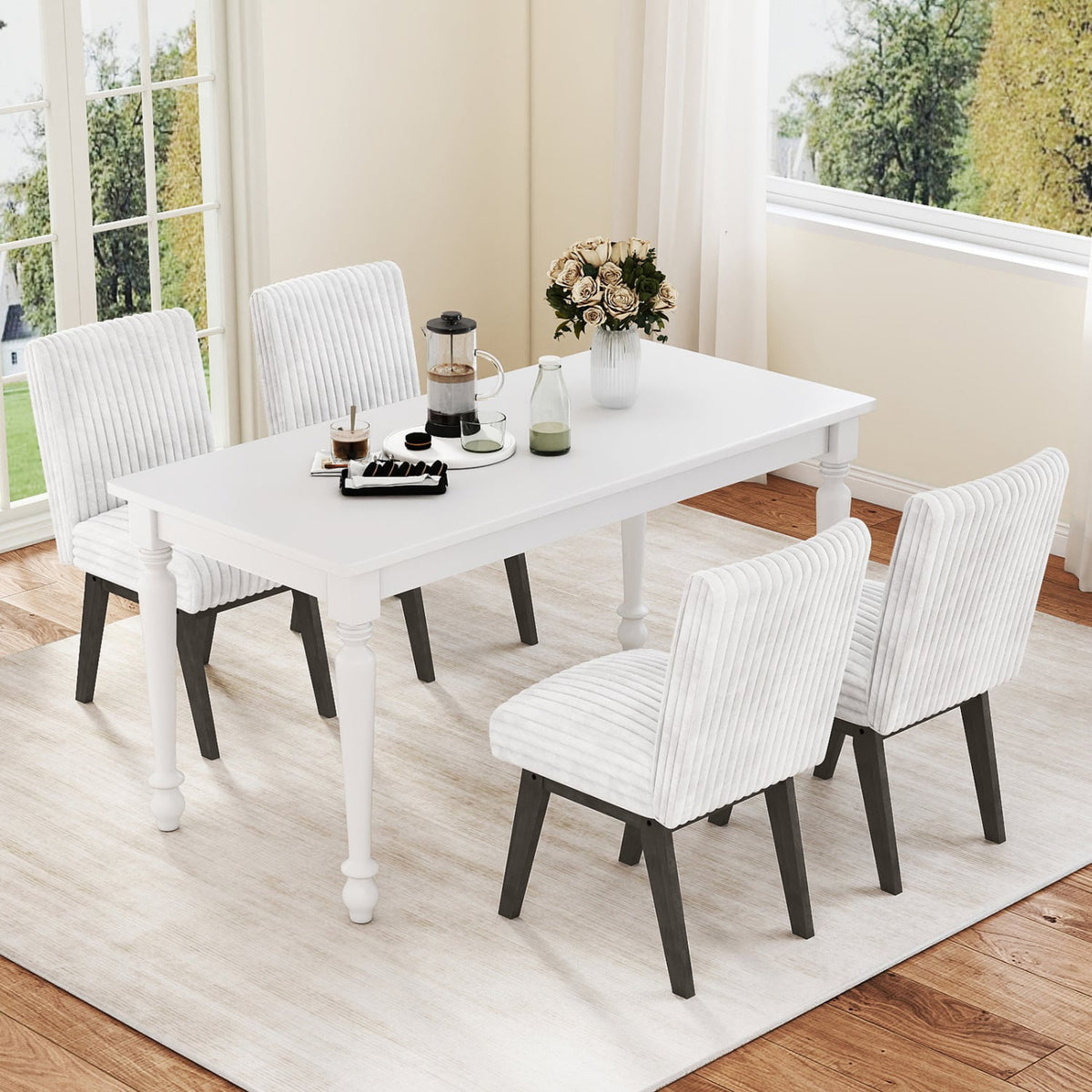Dining Chairs Set of 4 Fabric Upholstered Kitchen Chairs with Padded Seat and Rubber Wood Legs-White+Gray-Dining Chairs-DECOROLALA
