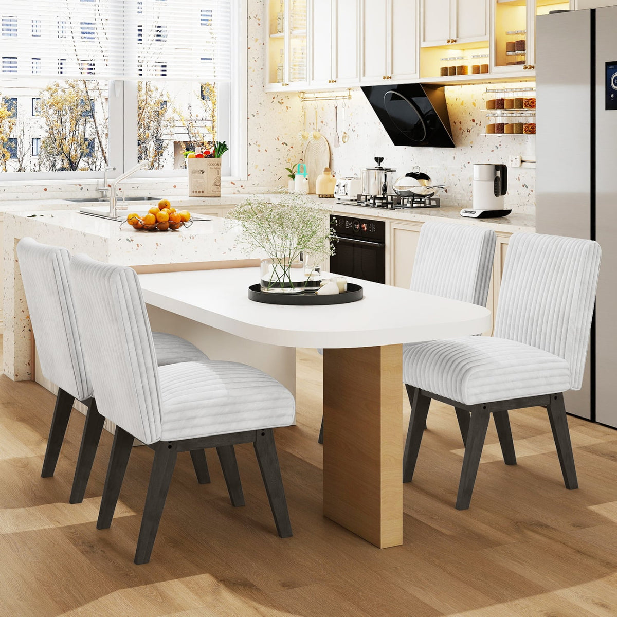 Dining Chairs Set of 4 Fabric Upholstered Kitchen Chairs with Padded Seat and Rubber Wood Legs-White+Gray-Dining Chairs-DECOROLALA