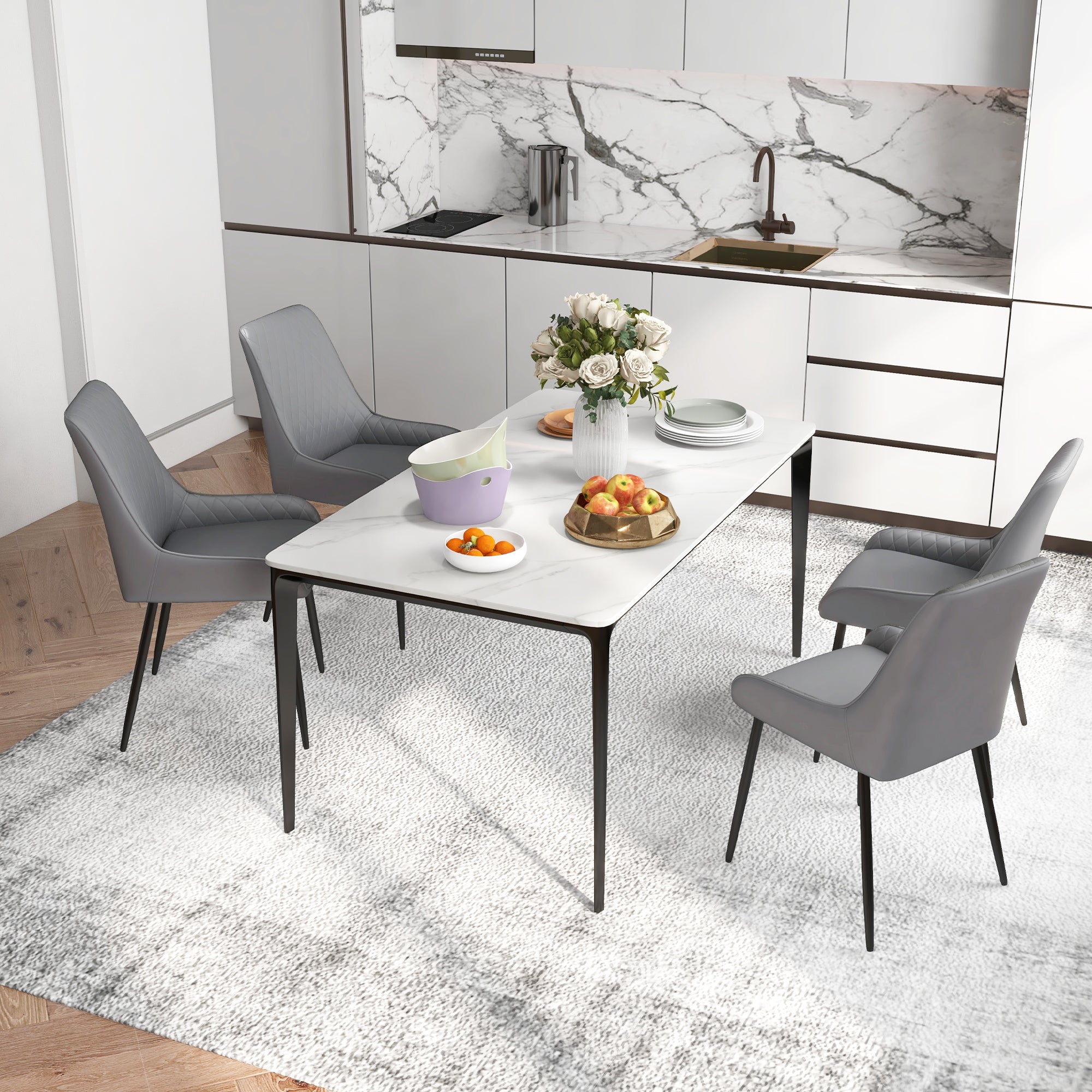 Dining Chairs Set of 4 Grey PU Leather Steel Legs-DECOROLALA