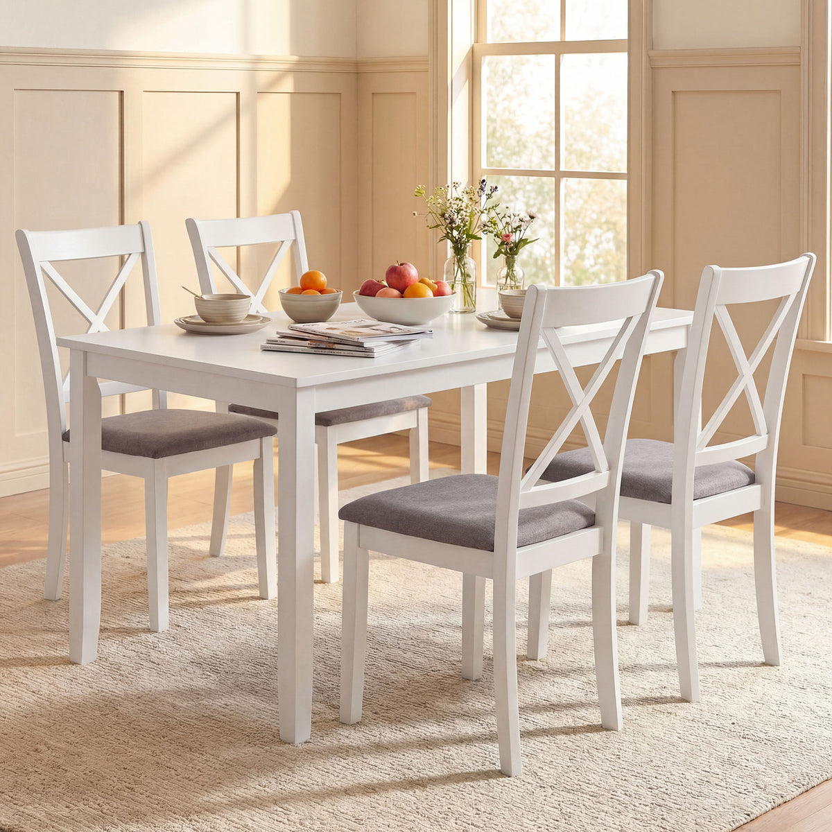 Dining Chairs Set of 4 Rubber Wood Dining Room Chairs with Comfortable Backrest and Padded Seat-White-Dining Chairs-DECOROLALA