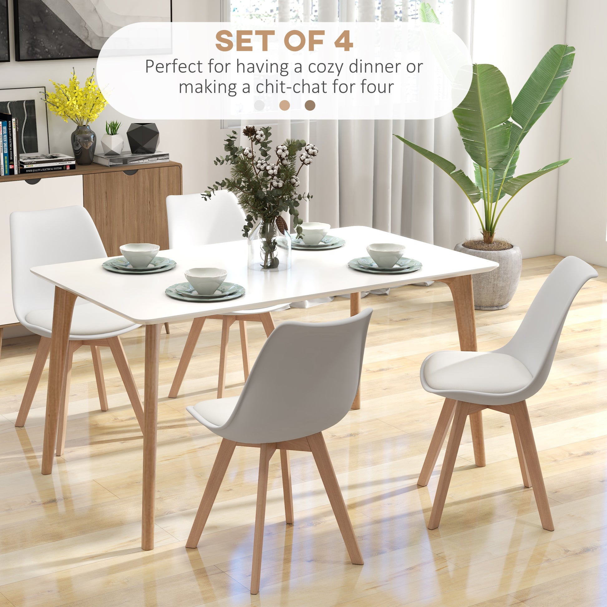 Dining Chairs Set of 4 - Rubber Wood PU Leather White-DECOROLALA