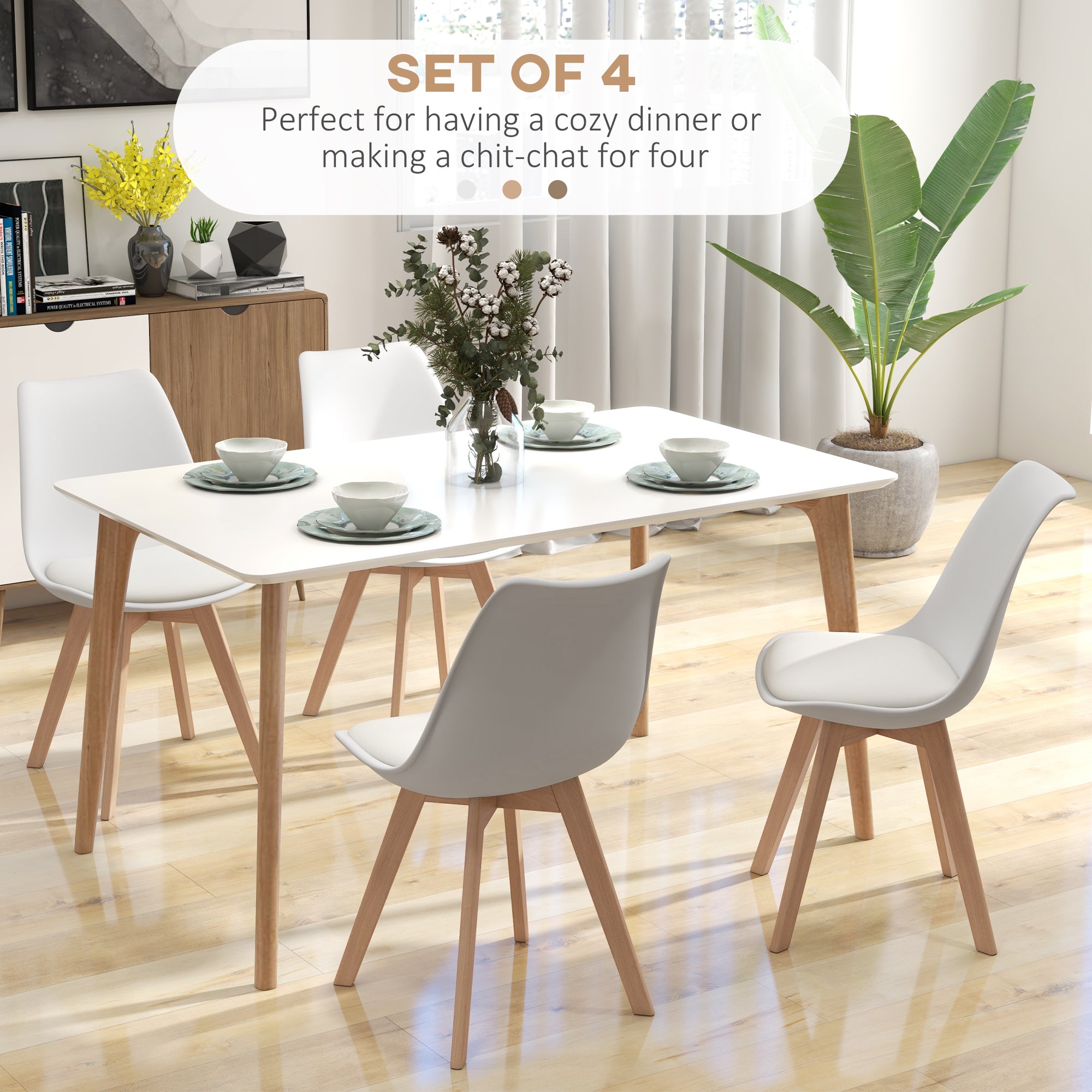 Dining Chairs Set of 4 - Rubber Wood PU Leather White-DECOROLALA