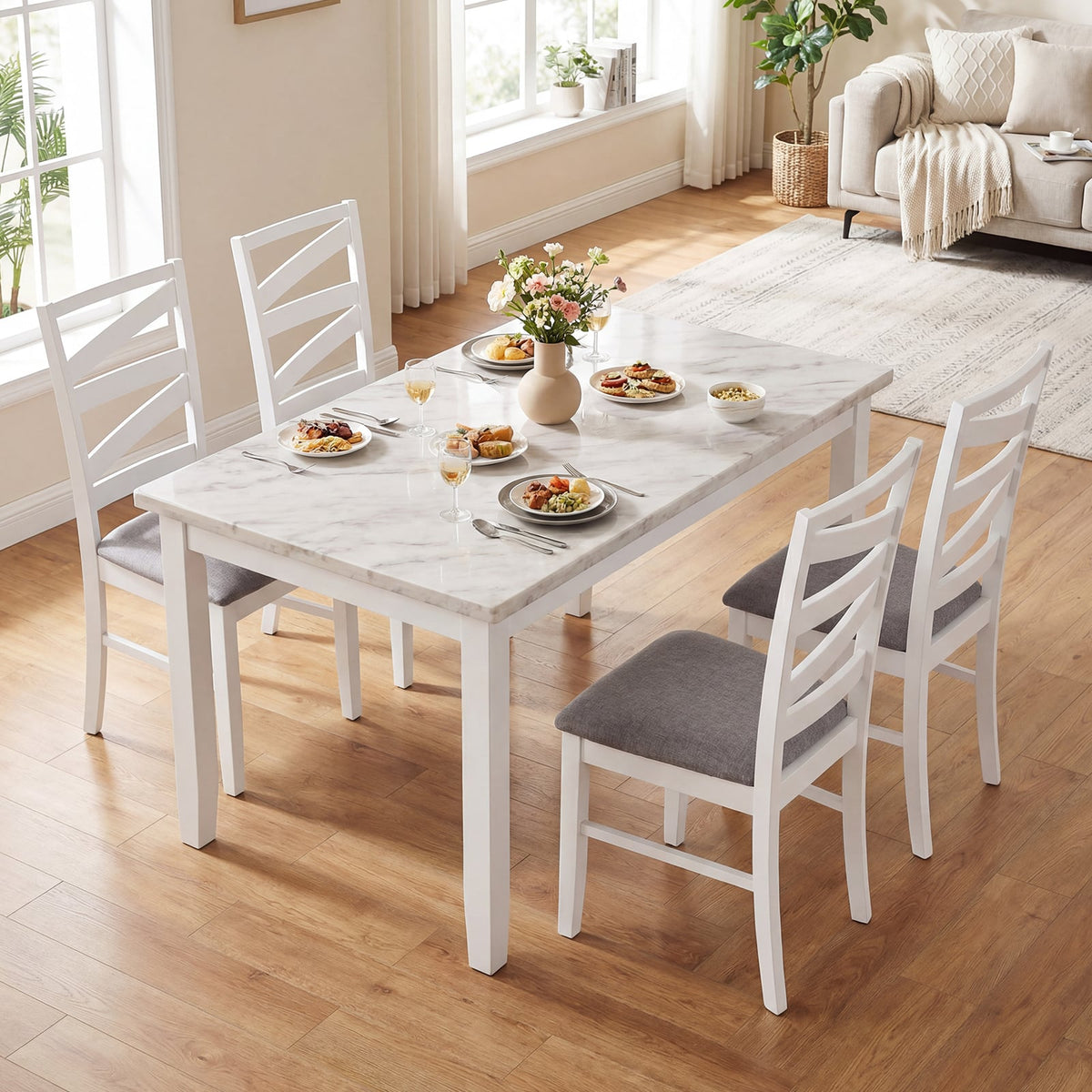 Dining Chairs Set of 4 with Backrests and Rubber Wood Frames-White-Dining Chairs-DECOROLALA