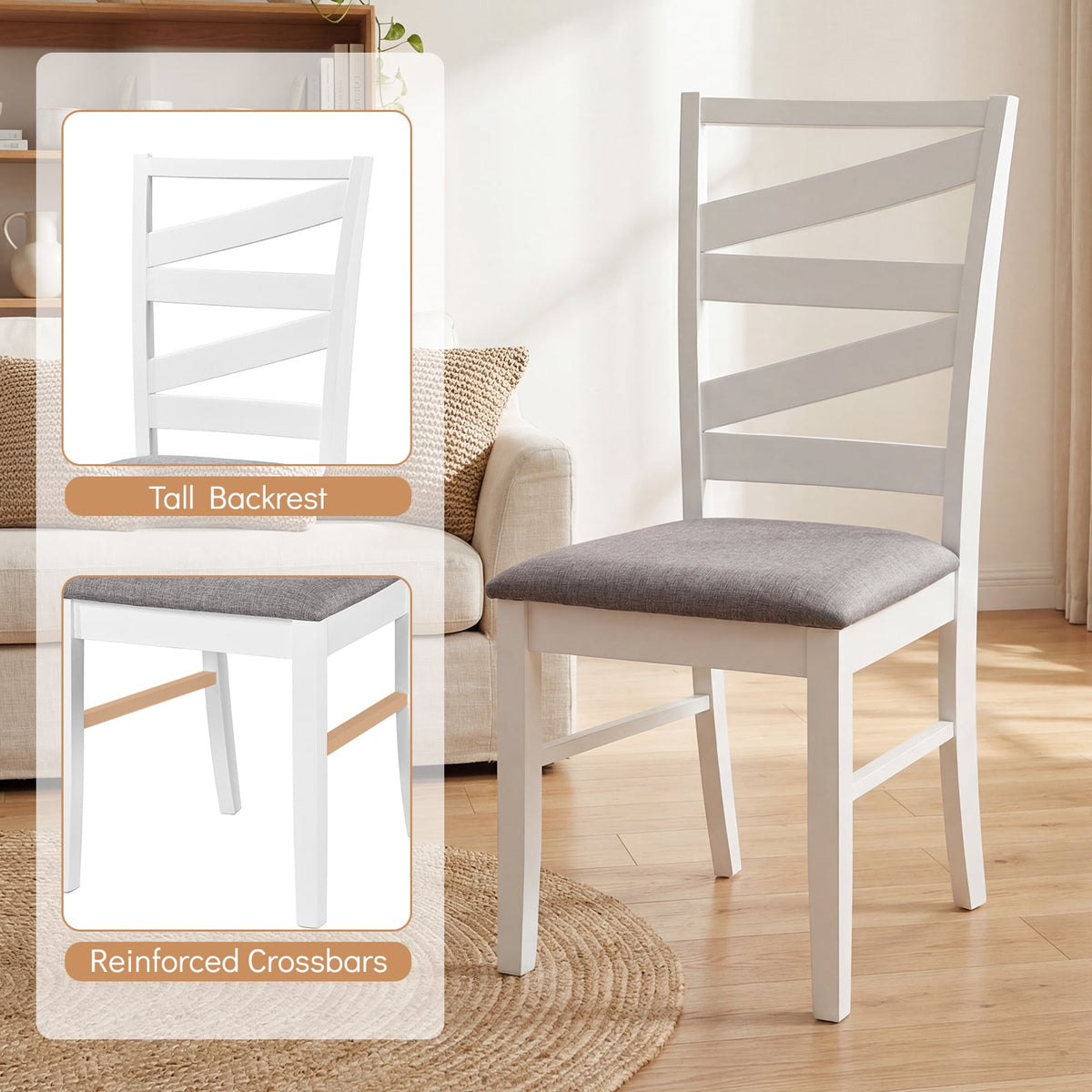 Dining Chairs Set of 4 with Backrests and Rubber Wood Frames-White-Dining Chairs-DECOROLALA
