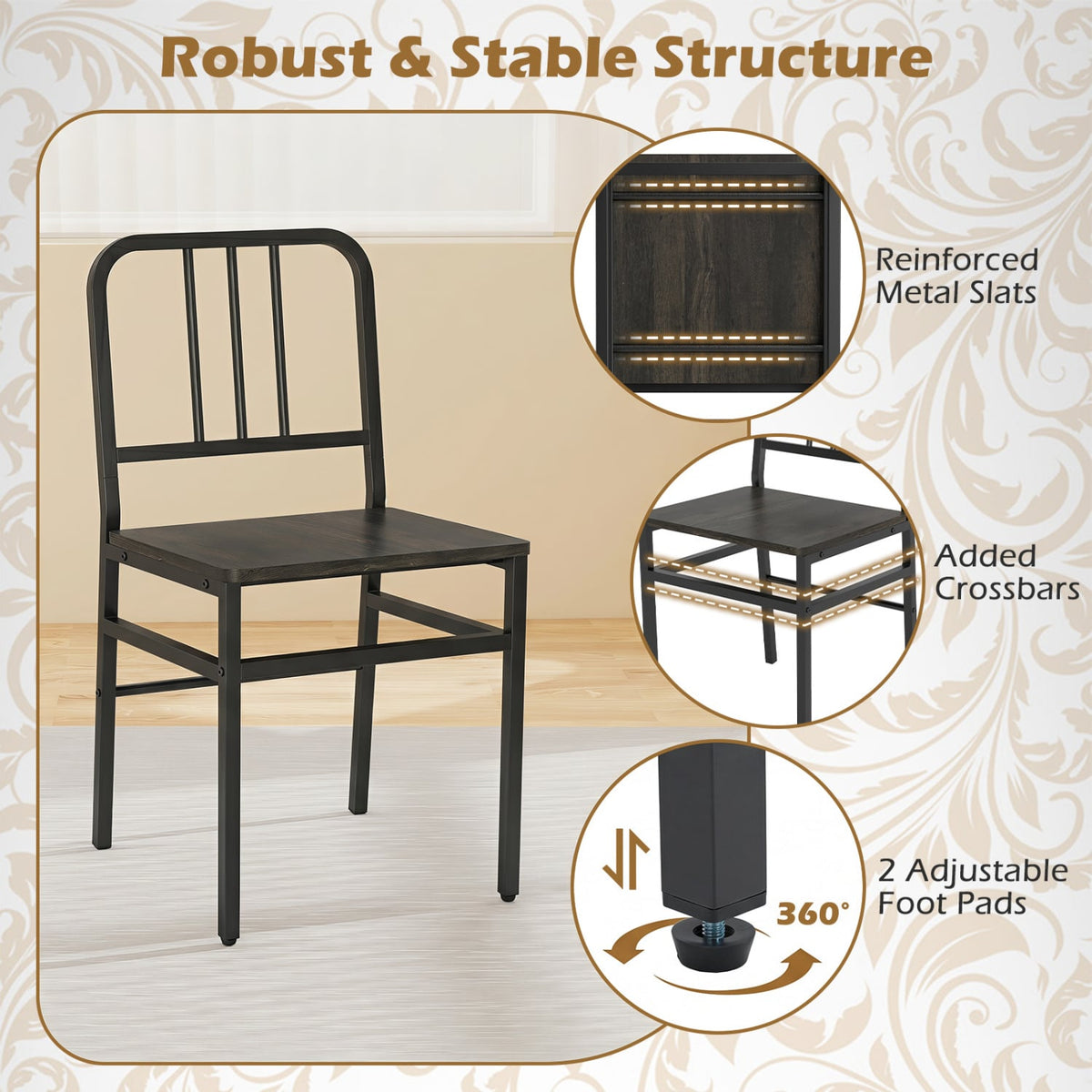 Dining Chairs Set of 4 with Slatted Backrest & Metal Frame and Wooden Seat-Gray-Dining Chairs-DECOROLALA