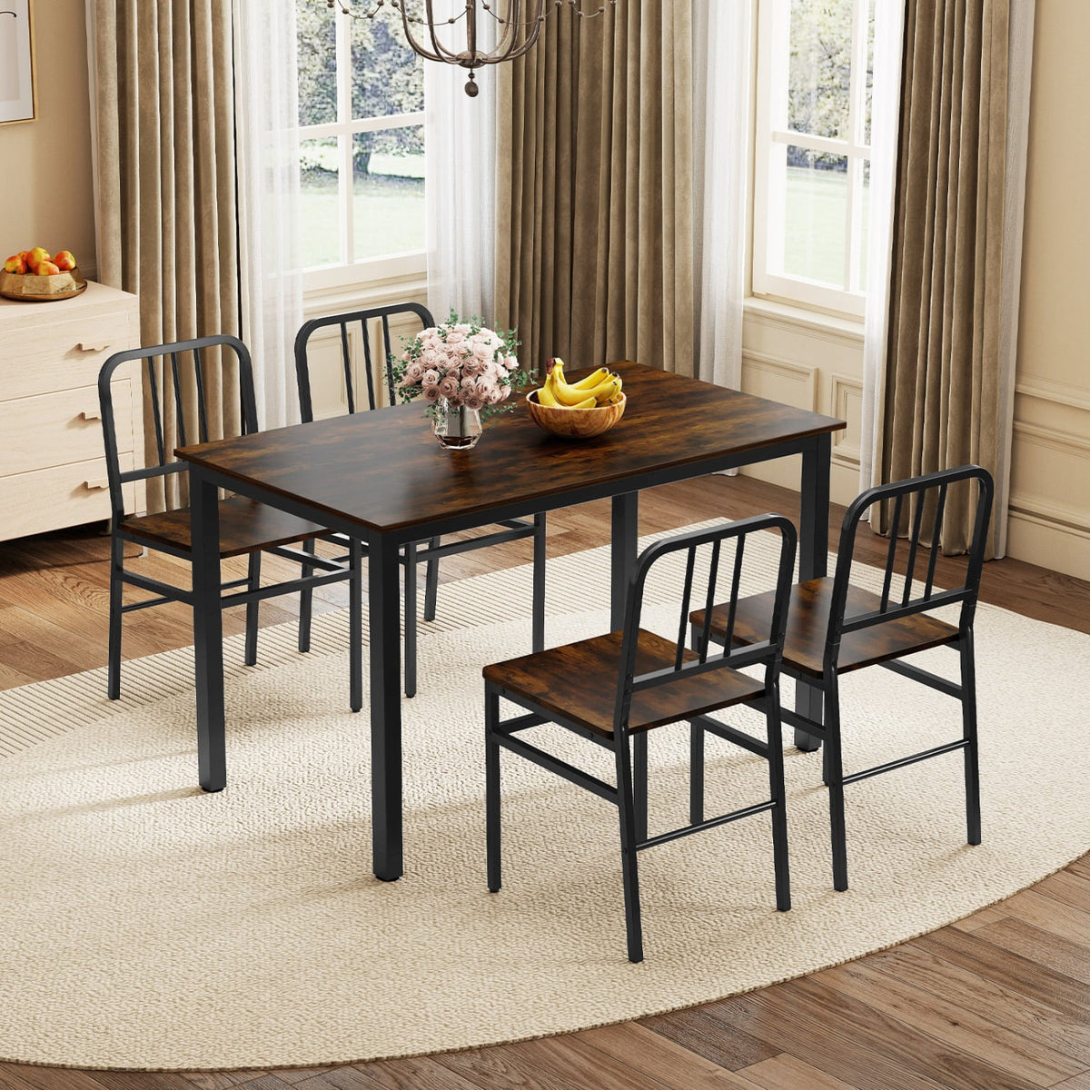 Dining Chairs Set of 4 with Slatted Backrest & Metal Frame and Wooden Seat-Rustic Brown-Dining Chairs-DECOROLALA