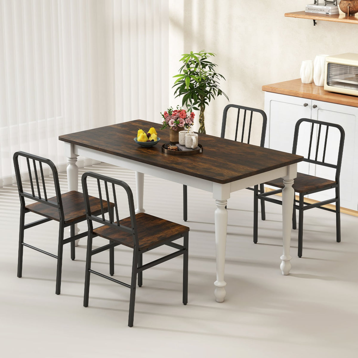 Dining Chairs Set of 4 with Slatted Backrest & Metal Frame and Wooden Seat-Rustic Brown-Dining Chairs-DECOROLALA