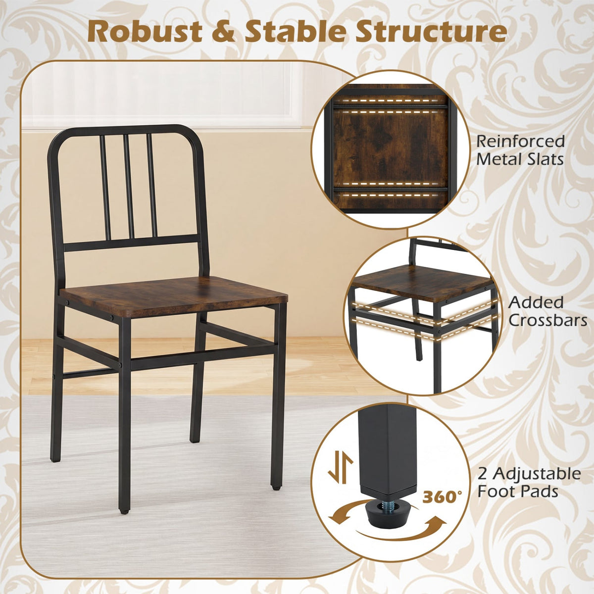 Dining Chairs Set of 4 with Slatted Backrest & Metal Frame and Wooden Seat-Rustic Brown-Dining Chairs-DECOROLALA