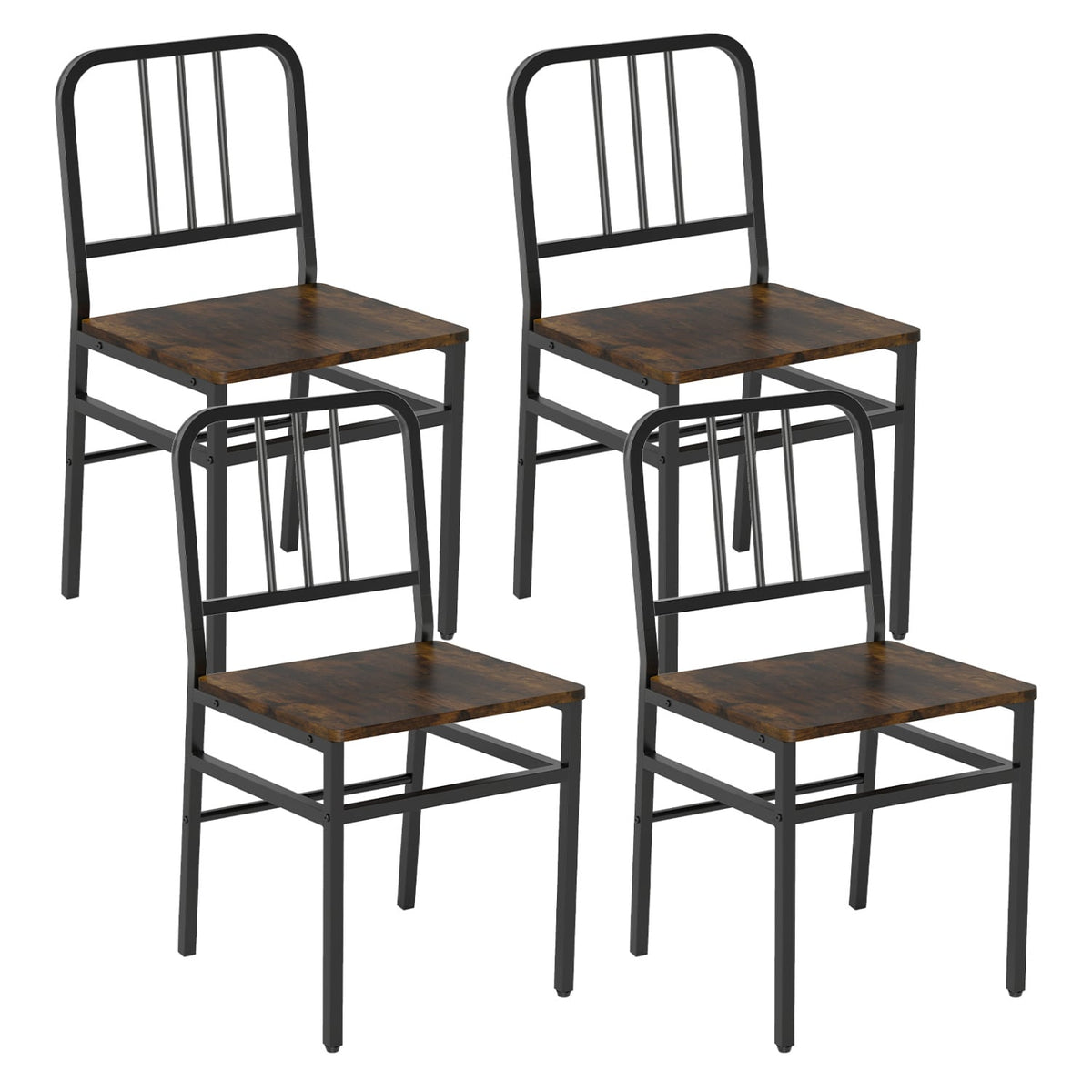 Dining Chairs Set of 4 with Slatted Backrest & Metal Frame and Wooden Seat-Rustic Brown-Dining Chairs-DECOROLALA