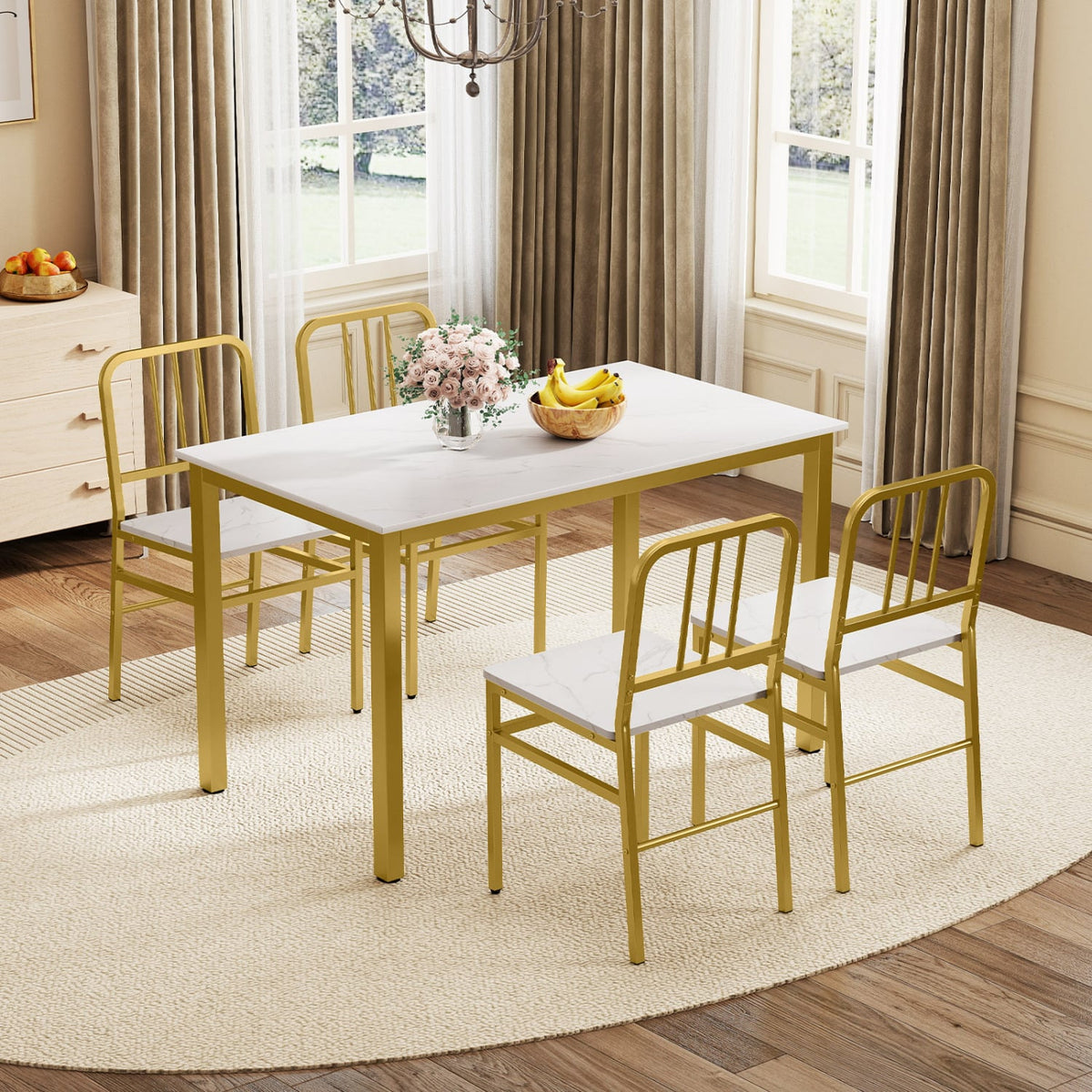 Dining Chairs Set of 4 with Slatted Backrest & Metal Frame and Wooden Seat-White-Dining Chairs-DECOROLALA