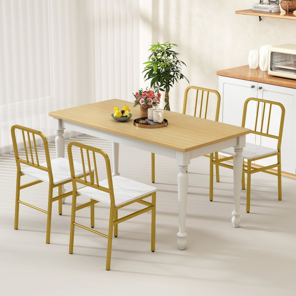 Dining Chairs Set of 4 with Slatted Backrest & Metal Frame and Wooden Seat-White-Dining Chairs-DECOROLALA