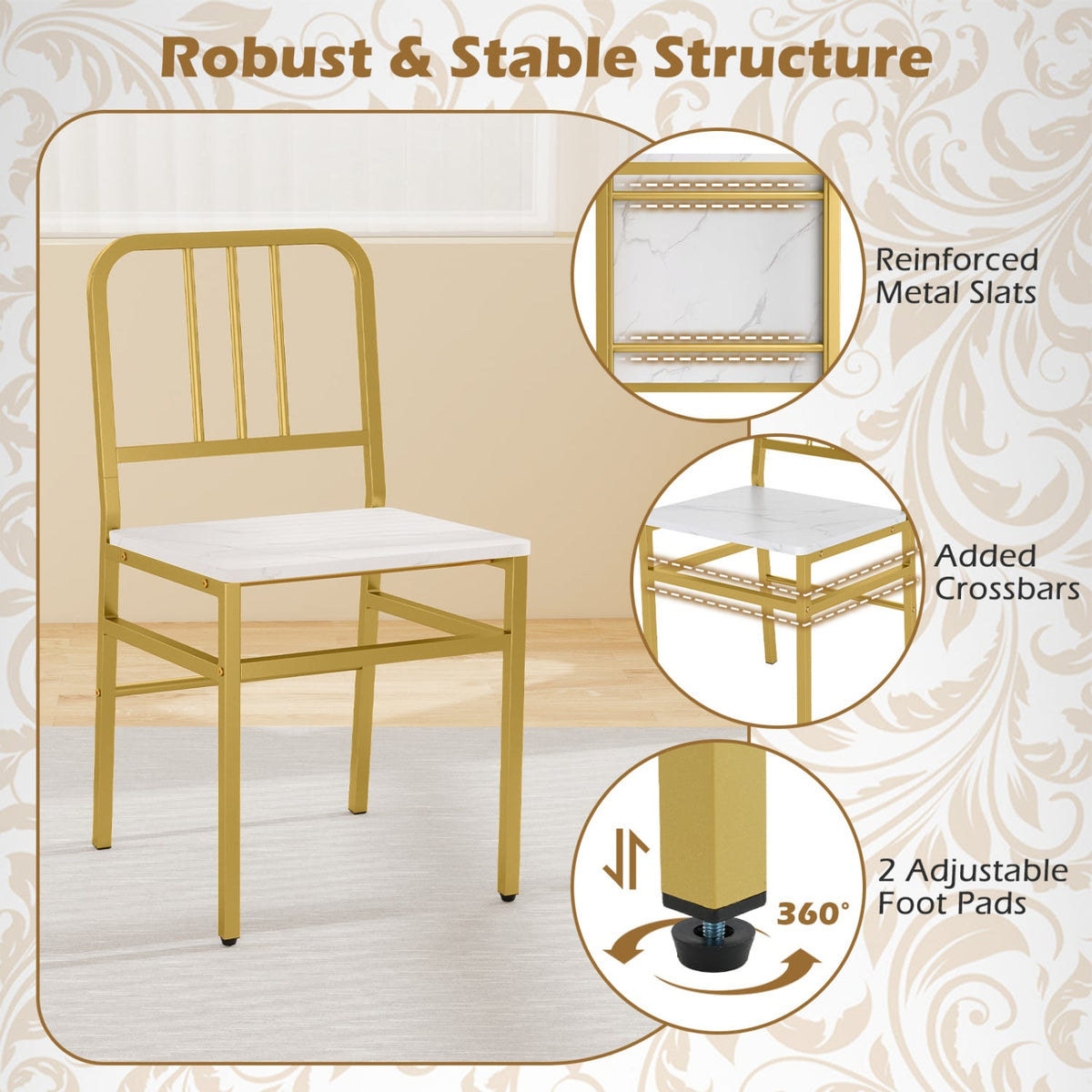 Dining Chairs Set of 4 with Slatted Backrest & Metal Frame and Wooden Seat-White-Dining Chairs-DECOROLALA