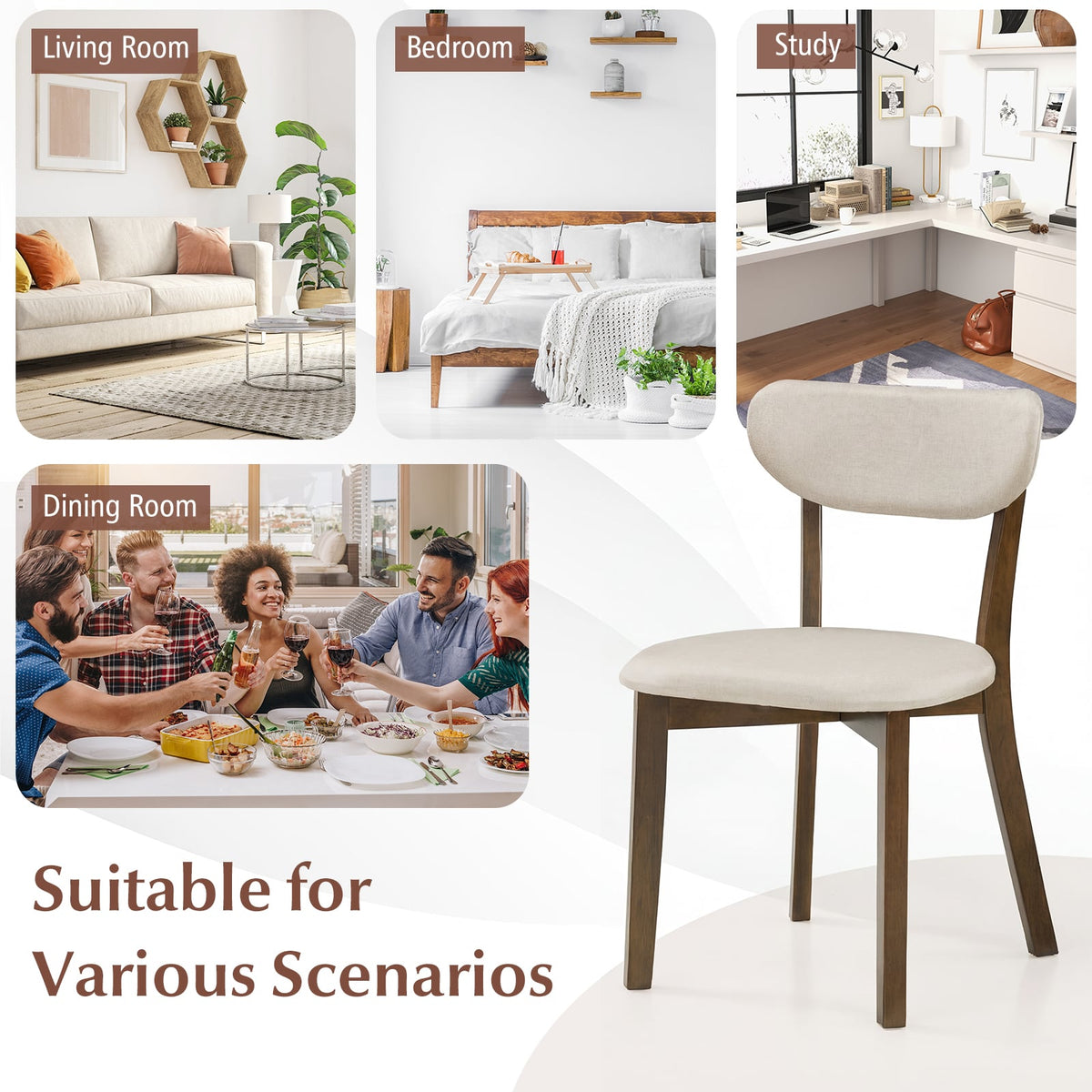Dining Chairs Set of 4 with Solid Rubber Wood Frame-White-Dining Chairs-DECOROLALA